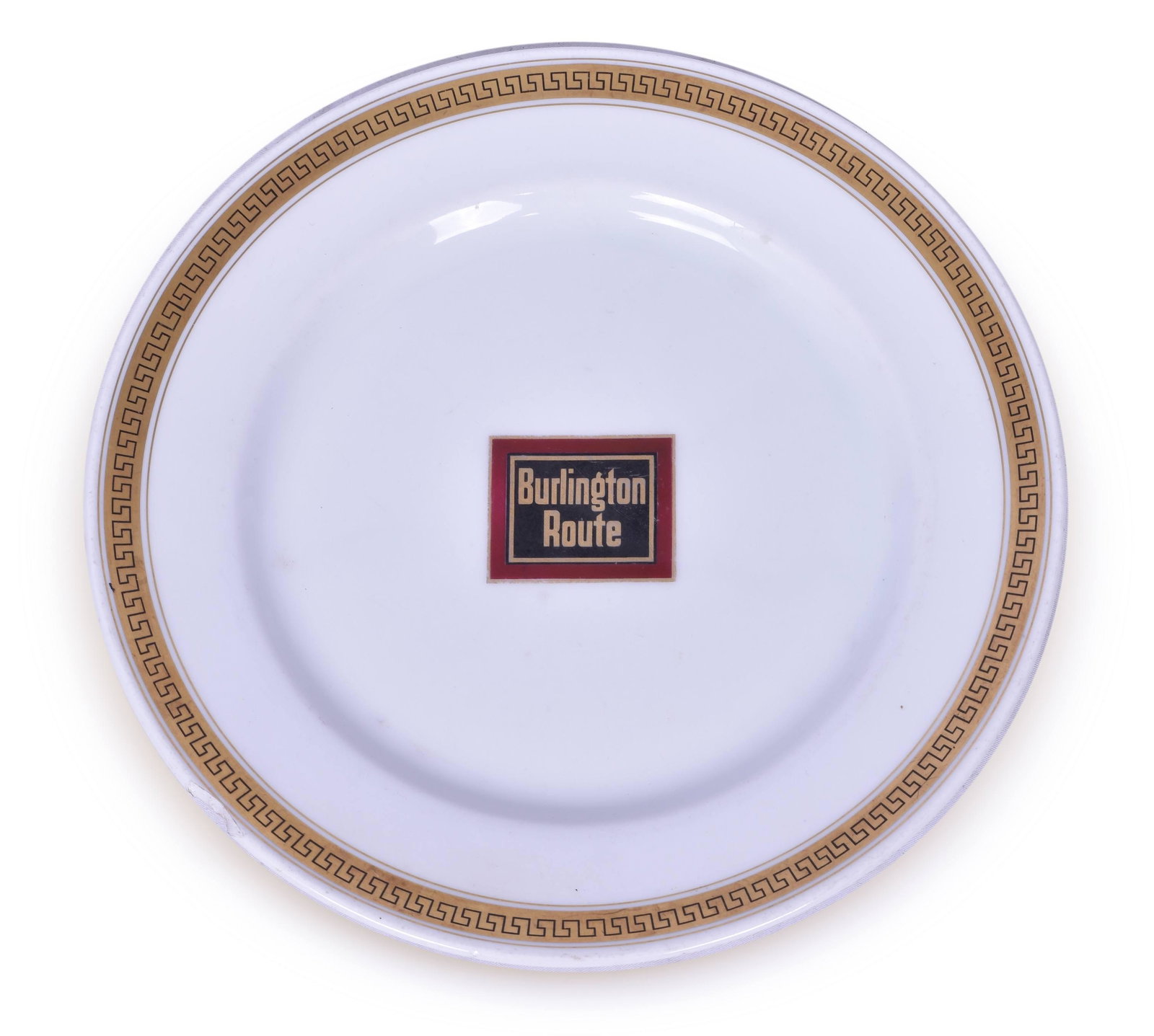 Bauscher Burlington / CB&Q Aristocrat 10 1/2" Plate: Bauscher Burlington / CB&Q Aristocrat 10 1/2" Plate Plate has a 3/4" chip on the lower left edge, that extends slightly inside of the gold pin stripe. Plate is back stamped Bauscher 1929. Good Burling