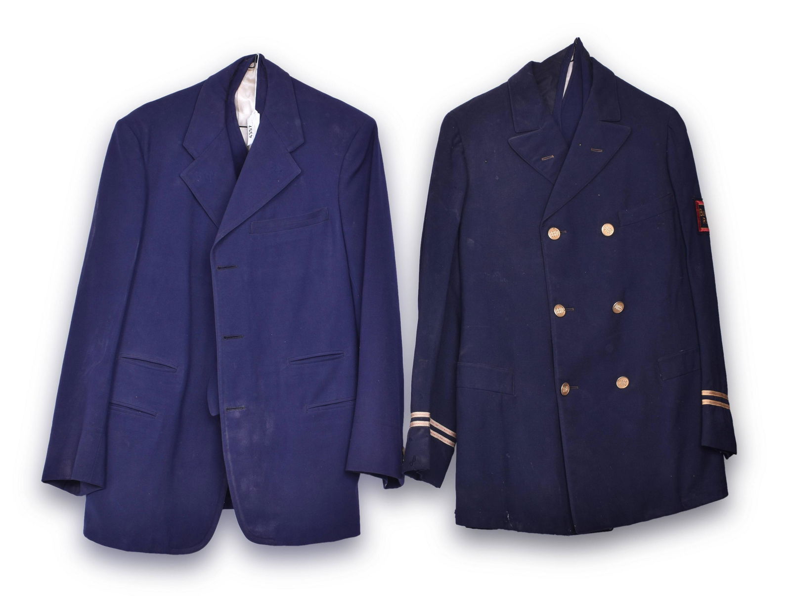 Pair of CB&Q / Burlington Conductor / Trainman Uniforms: Pair of CB&Q / Burlington Conductor / Trainman Uniforms. Includes black jacket with sewn on Burlington Route herald, gold CB&Q buttons and includes Navy vest without buttons. Also includes navy unifor