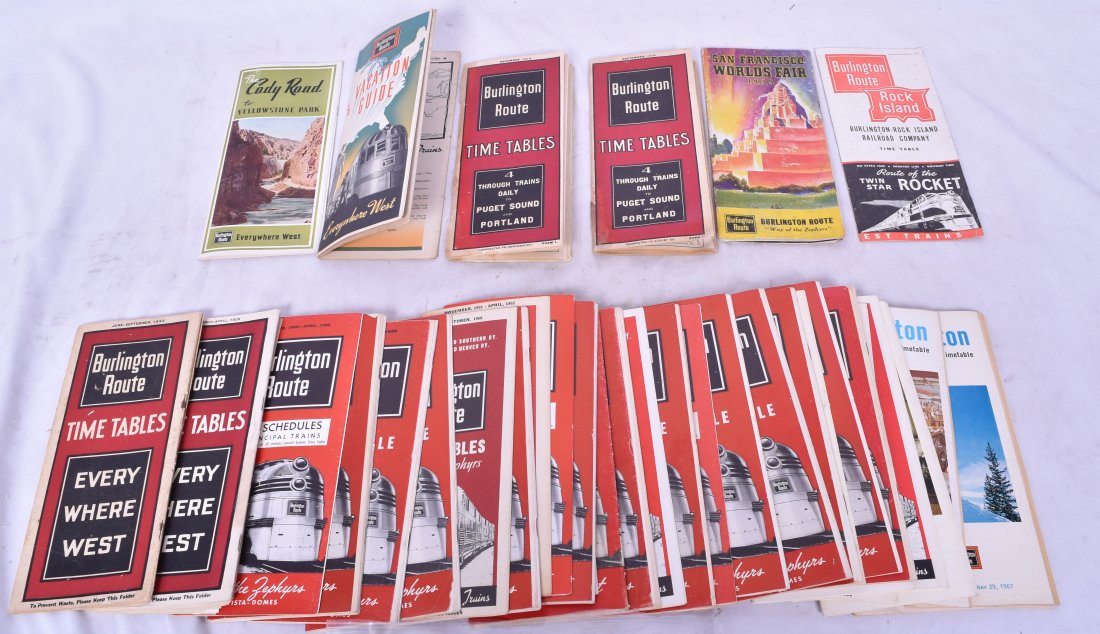 Group of eighty three CB&Q / Burlington Timetables - 1910 through 1970: Group of eighty three CB&Q / Burlington timetables. Dates span from 1910 through approximately 1970. Highlights include 100th anniversary, war time, pocket time tables, and more. See photos for best d