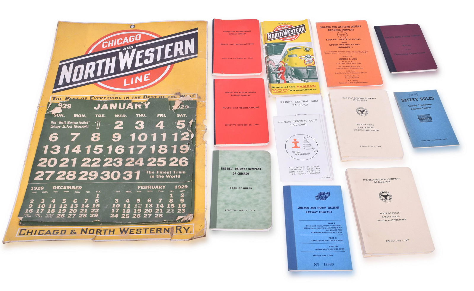 Group of Chicago Area Railroad Paper - C&NW 1929 Calendar, Rulebooks, and Timetables. (1 of 2)