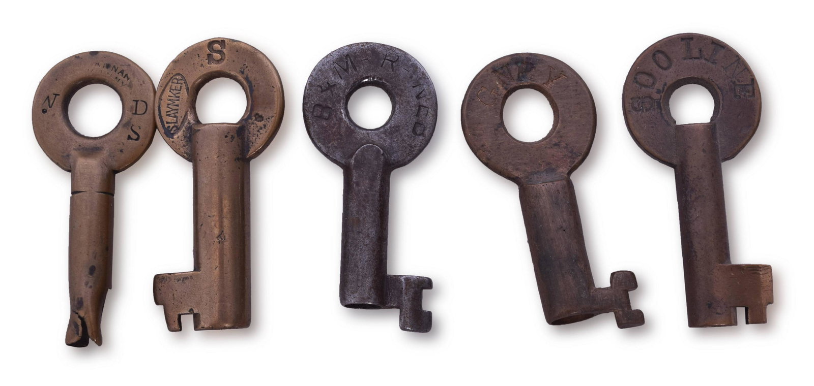5 Railroad Keys - Burlington and Missouri, Chicago, St. Paul, Minneapolis and Omaha, Soo, Northern (1 of 2)