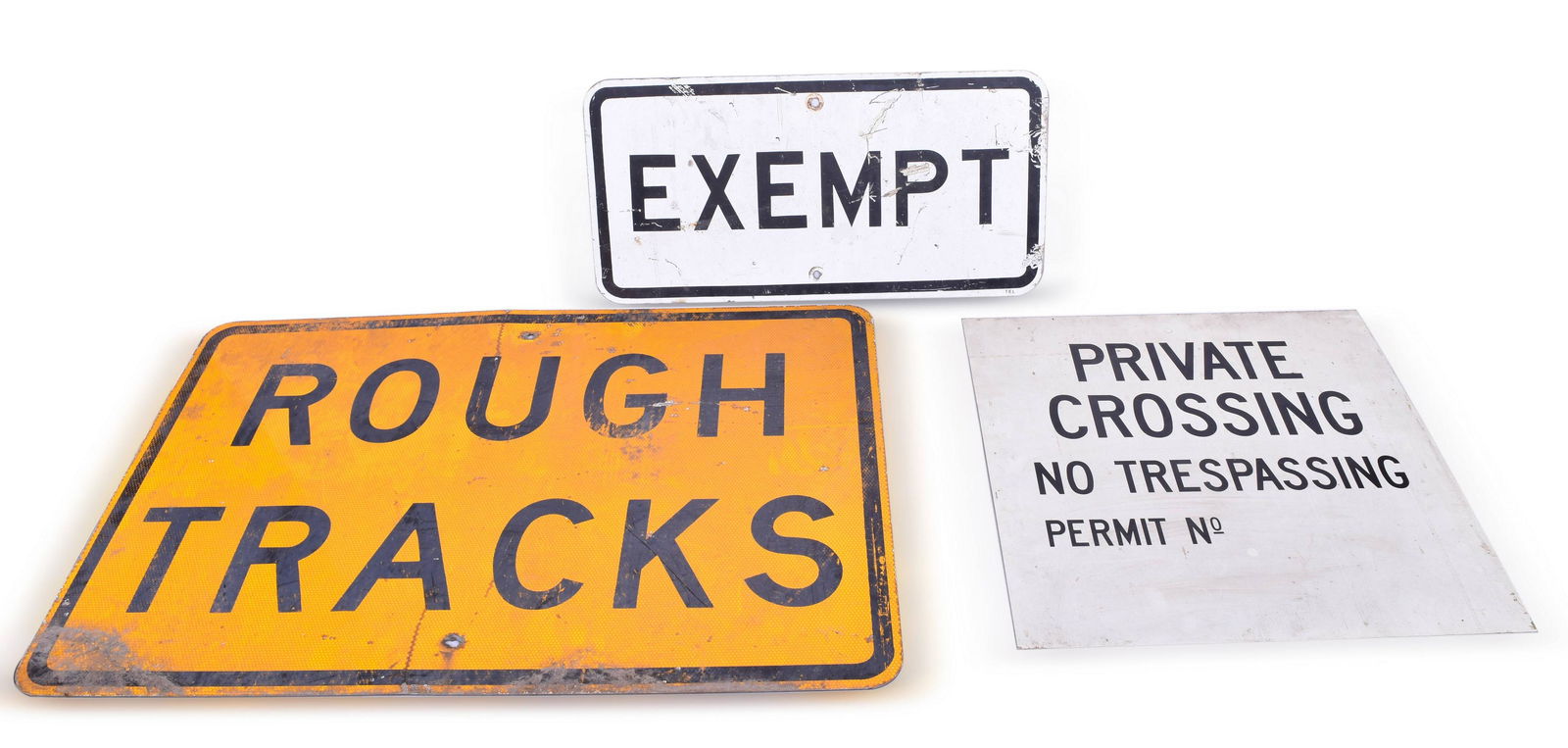 Group of Three Aluminum Railroad Crossing Signs- Rough Track, Private Crossing, Exempt (1 of 2)