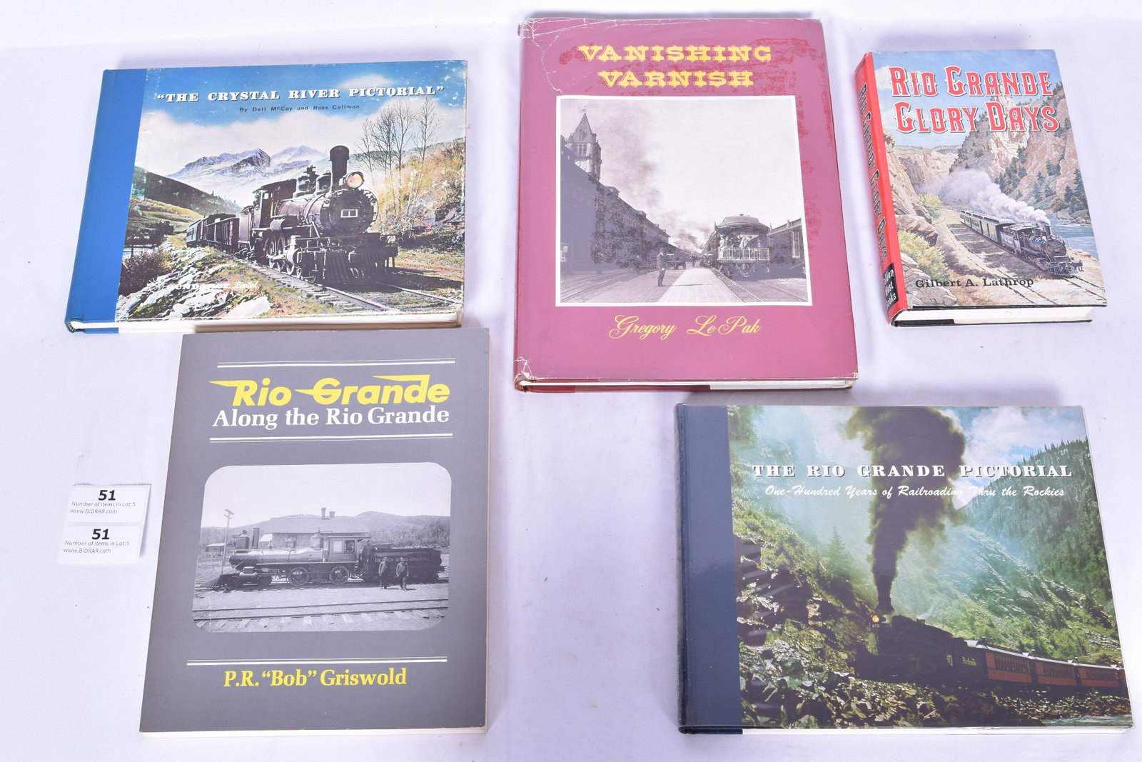 Lot of Five Rio Grande Railroad Books - Lathrop, Le Pak, McCoy/Collman, Griswold: Lot of Five Rio Grande Railroad Books - Lathrop, Le Pak, McCoy/Collman, Griswold Five Books on The Rio Grande Railroad. Rio Grande Glory Days - Gilbert A. Lathrop, Vanishing Varnish A Rio Grande Passe