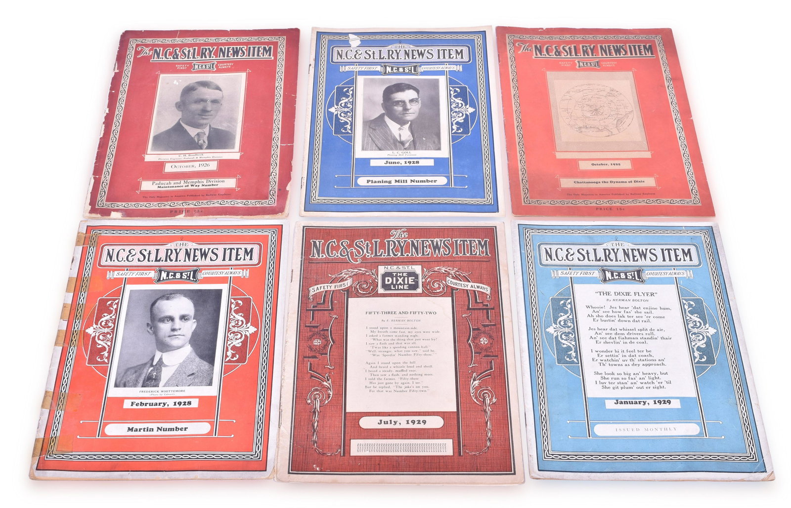 Six Issues of the N.C.&St.L.Ry News Item 1925-1928: Six issues of Nashville Chattanooga & St. Louis Railway News Item including October 1925, October 1926, February 1928, July 1928, January 1929, and July of 1929. Some minor edge wear and rips, a few t