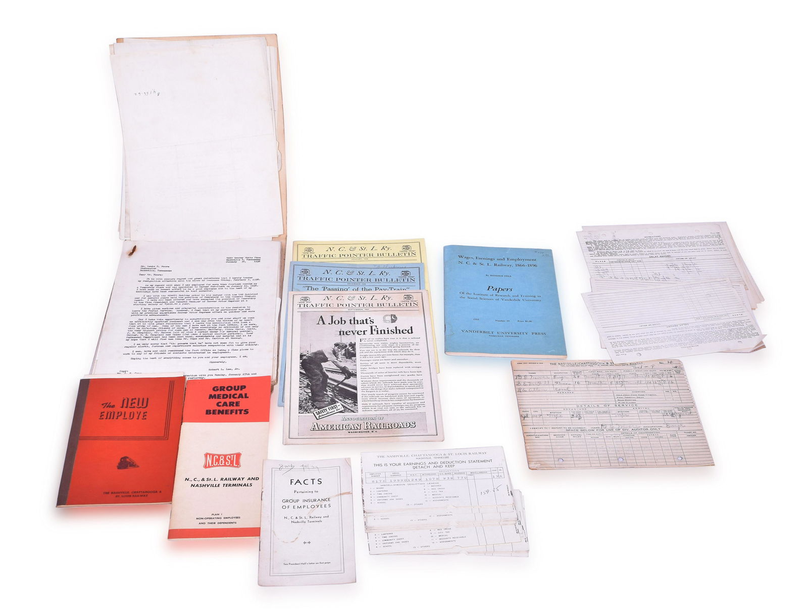 Nashville Chattanooga & St. Louis Railway Employee / Employment Documents: Nashville Chattanooga & St. Louis Railway employee / employment documents. Includes what appears to be a very complete employment file for a Robert Lee who was employed by the railroad from 1941 to 19