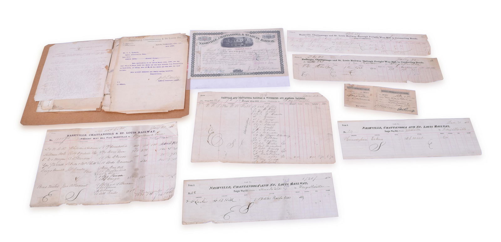 Nashville Chattanooga & St. Louis Railway Paper lot - 1880 Stock Certificate, 1880's car reports, (1 of 2)