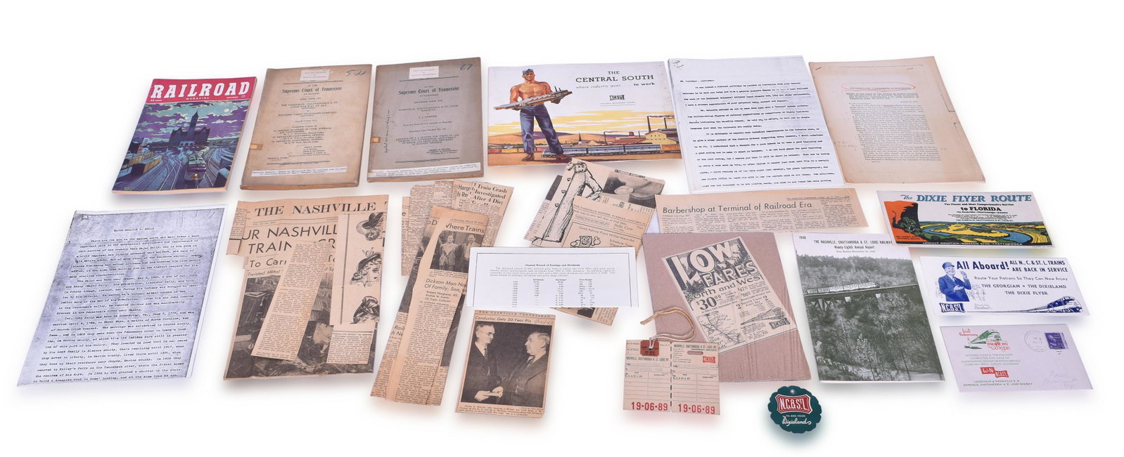 Nashville Chattanooga & St. Louis Railway Paper lot - 1948 Annual Report, Industrial Development,: Nashville Chattanooga & St. Louis Railway paper lot including 1948 annual report, two part paper baggage tag, Dixie Flyer color car printed by Poole Brothers, unused luggage tag, "All Trains Back in S