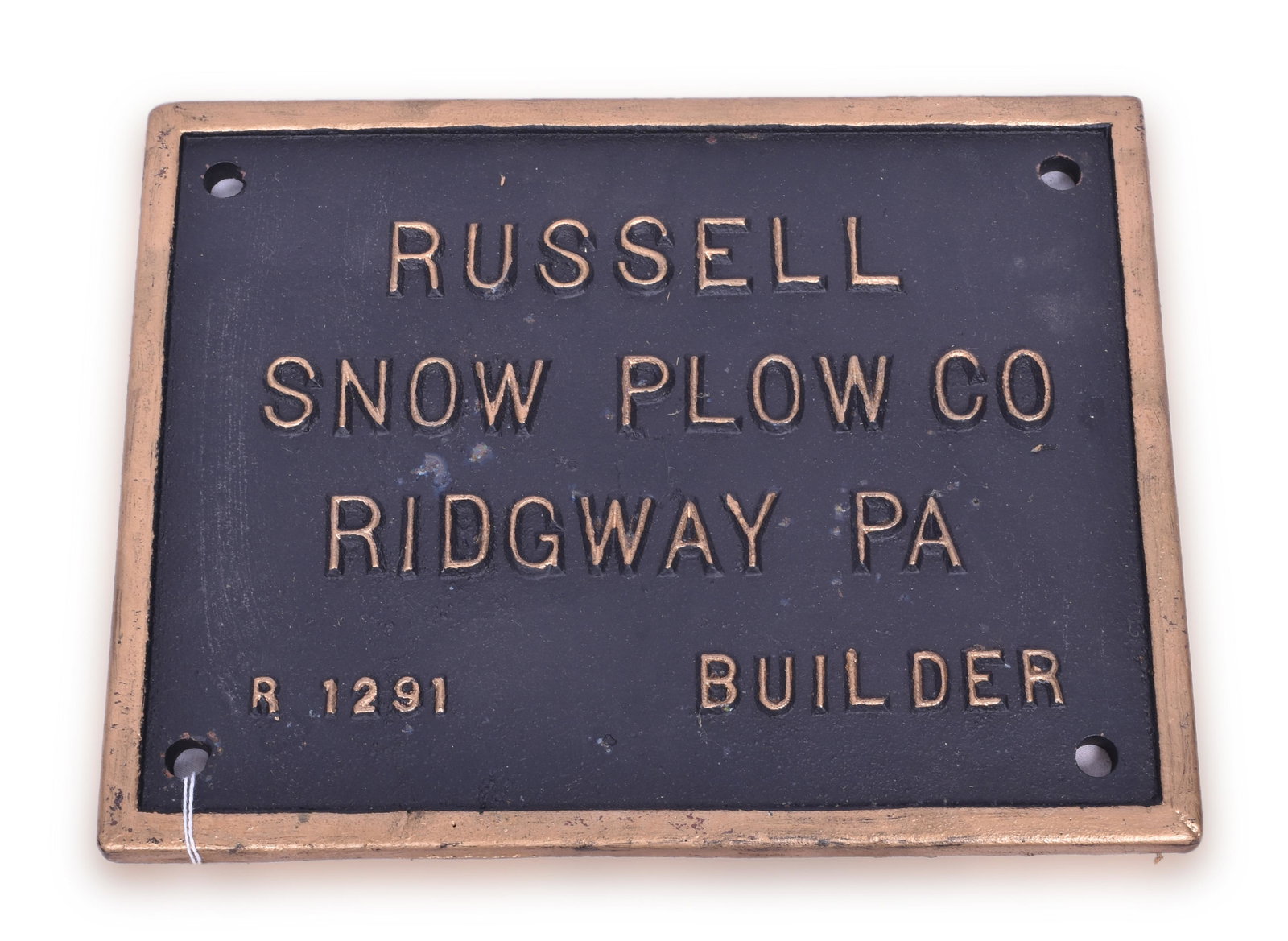 Russell Railroad Snow Plow Cast Iron Builders Plate: Russell Snow Plow Company cast iron builders plate. Plate measures 10 3/4" x 8 1/4" and has been restored with new paint.