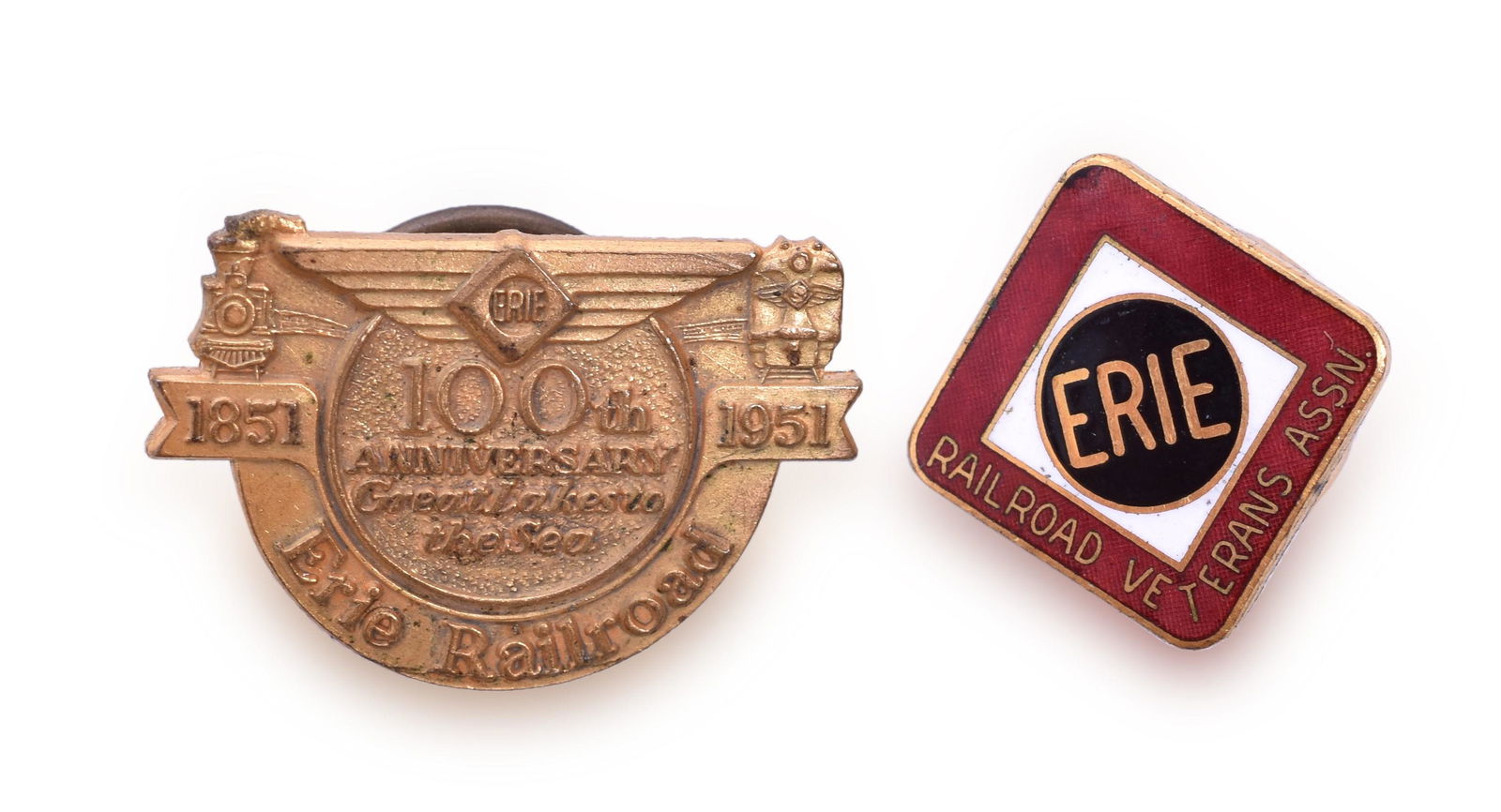 Erie Railroad 100th Anniversary and Veterans Association Screw Back Pins (1 of 2)