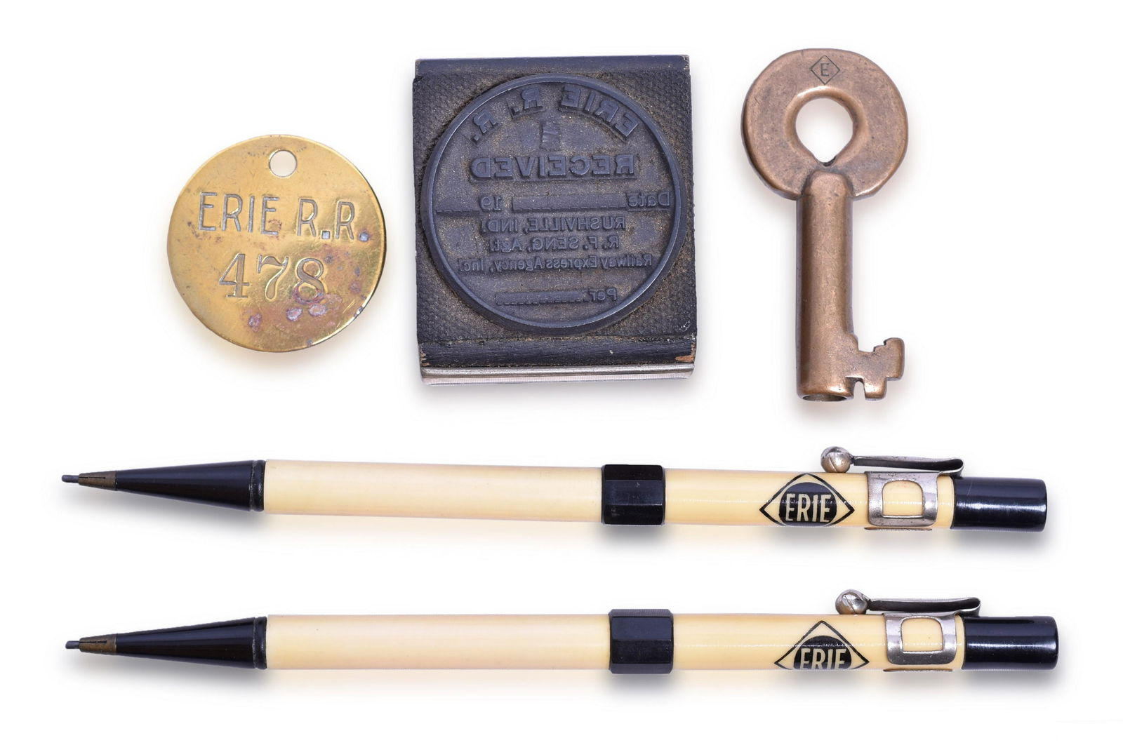 Erie Railroad Baggage Tag, Adlake Switch Key, Receiving Stamp, and Mechanical Pencils (1 of 2)