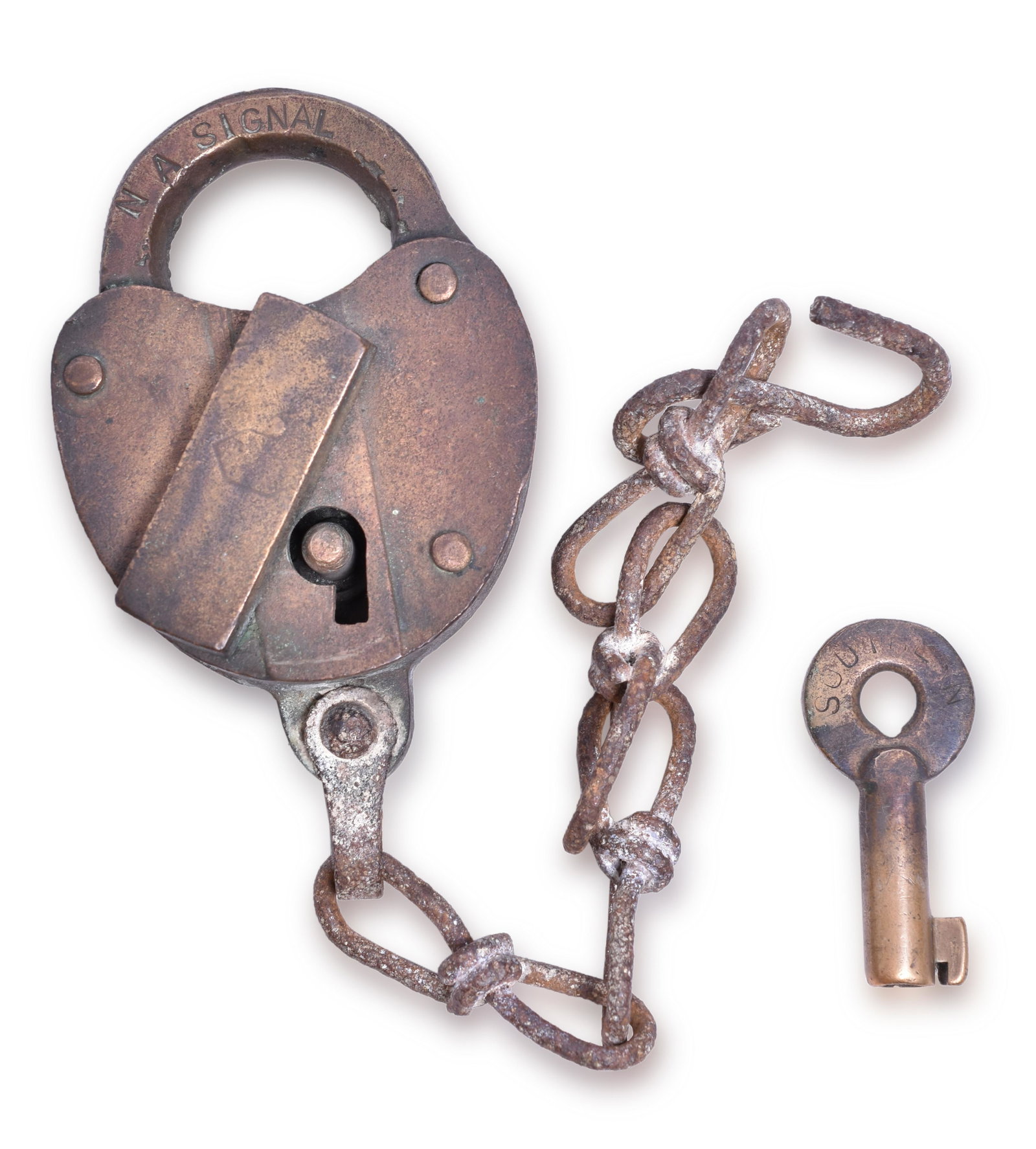 A&W Heart Shaped Brass Lock - Marked NA Signal w/ Southern Key: The dust cover has a faint A&W logo, the remainder of the body in unmarked. The shackle is stamped with NA Signal. Includes an Adlake key with Southern stamped on the hilt. The key does operate the lo