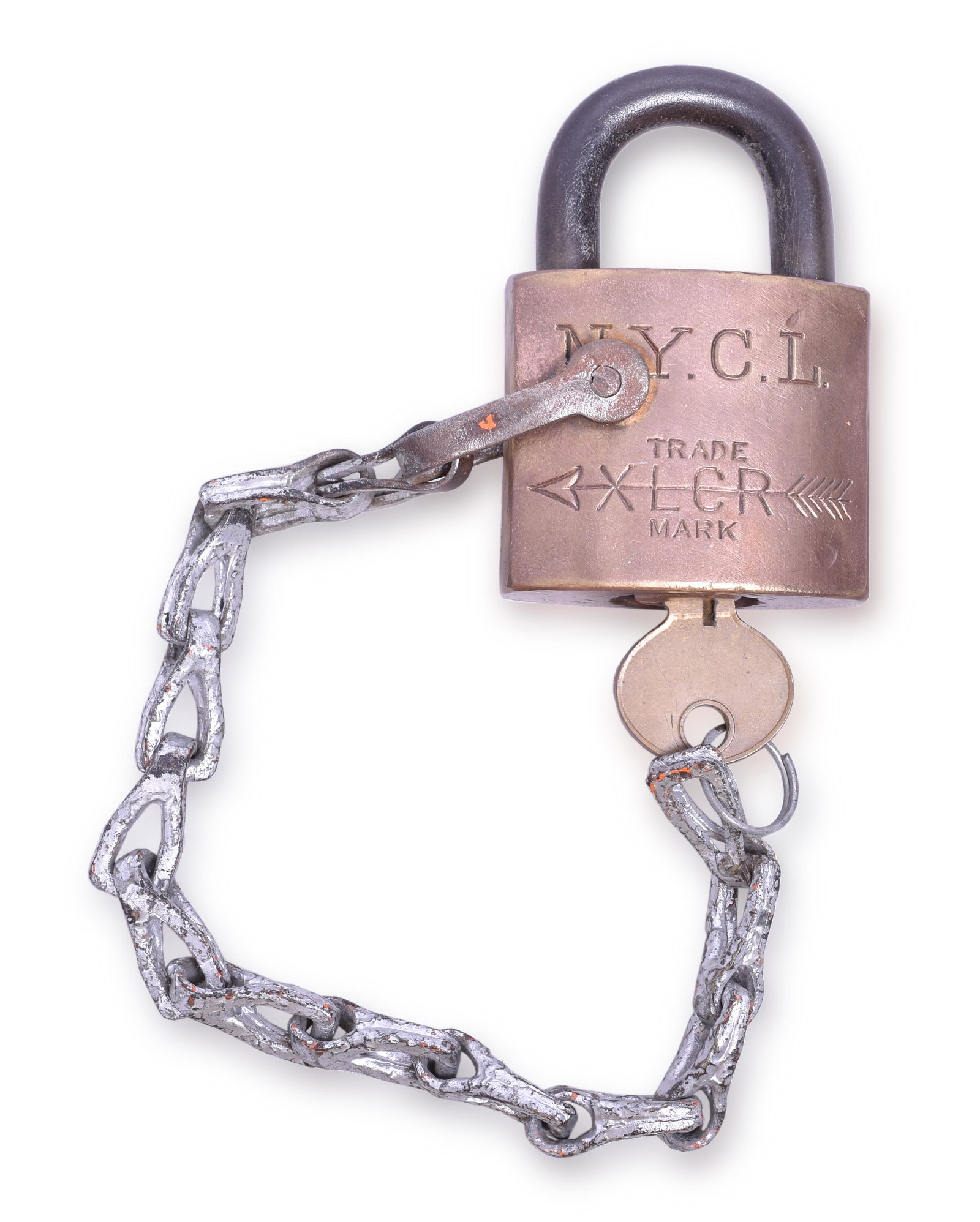 New York Central Lines Corbin XLCR Brass Lock: Brass XLCR padlock stamped with N.Y.C.L. stamped into the body in serif font along with trade XLCR mark. The reverse of the lock body is stamped with CD-550. The lock has minor nicks, but not notable 