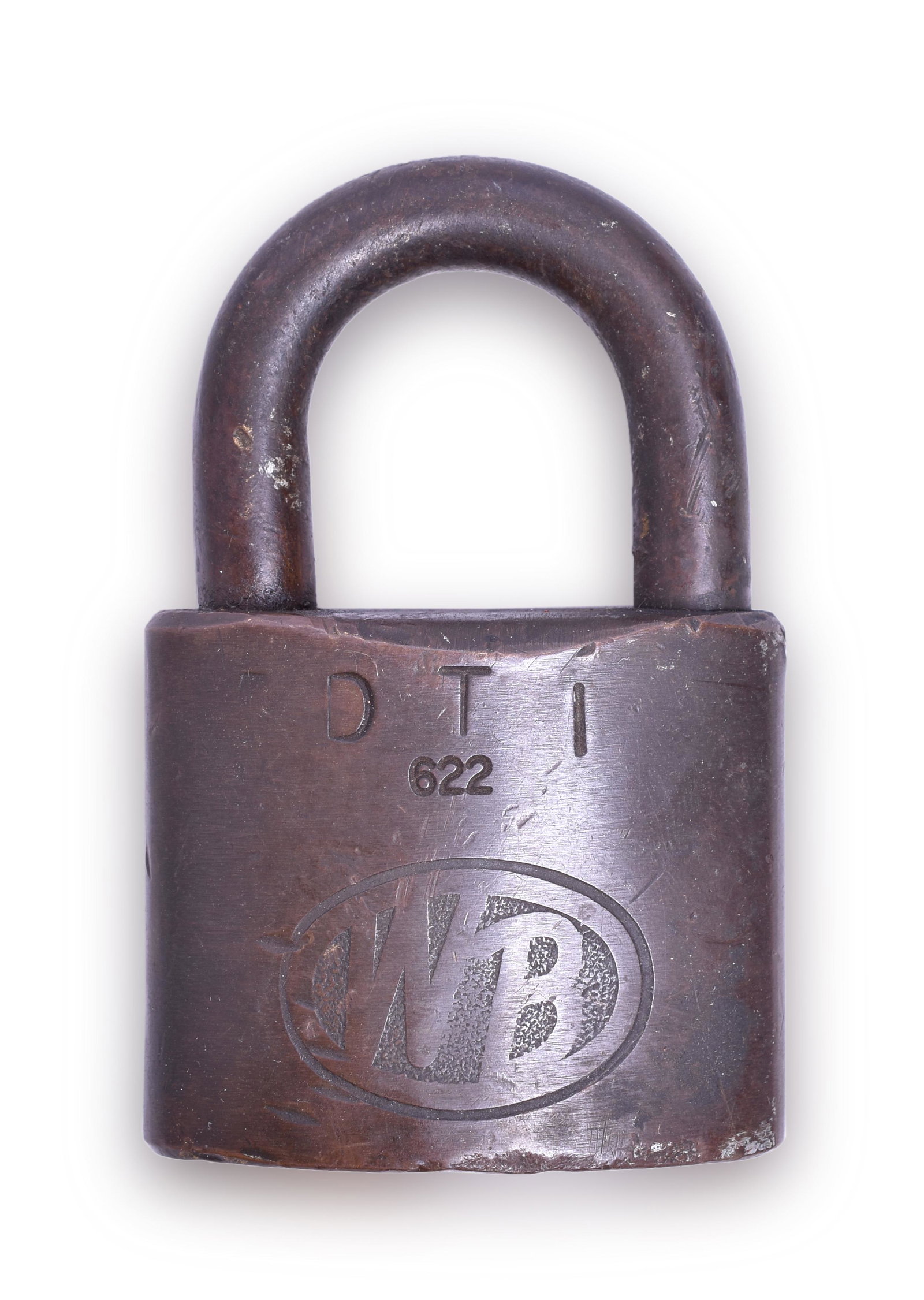Detroit Toledo & Ironton Wilson Bohannon Brass Lock: The front of the lock body is stamped with DTI 622 with the oval WB logo cast below. The lock body has some moderate nicks, but the stampings are clean.