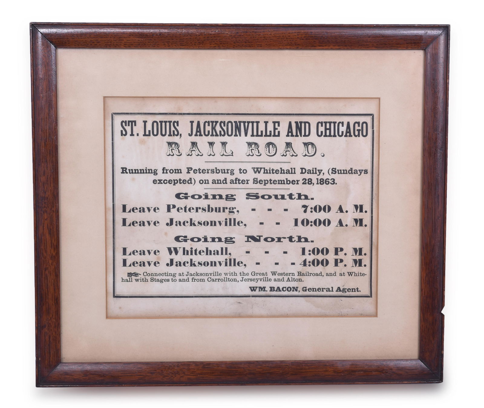 St. Louis, Jacksonville and Chicago Railroad 1863 Broadsheet (1 of 2)