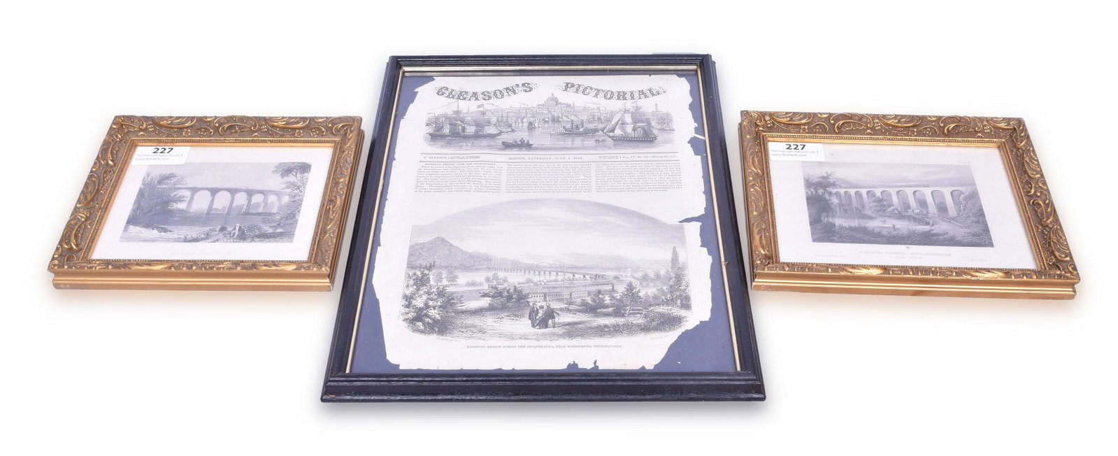 Three Railroad Bridge Lithographs / Prints: Three railroad bridge lithographs / prints. Includes New Mirror lithography showing viaduct over Patapsco, Starucca Viaduct, and 1853 page from June 4, 1853 Seasons Pictorial showing the old wooden br
