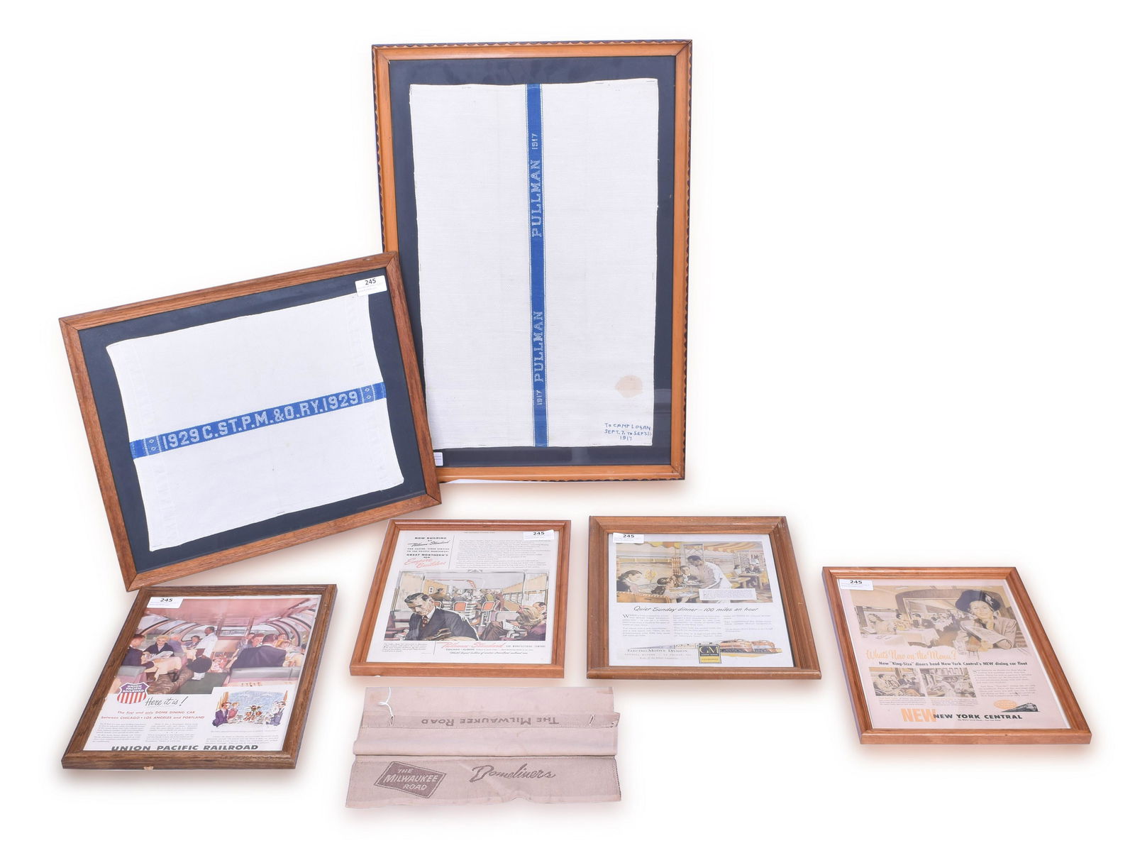 Seven Railroad Advertising Prints and Headrest Covers - Milwaukee Road, New York Central, etc. (1 of 2)