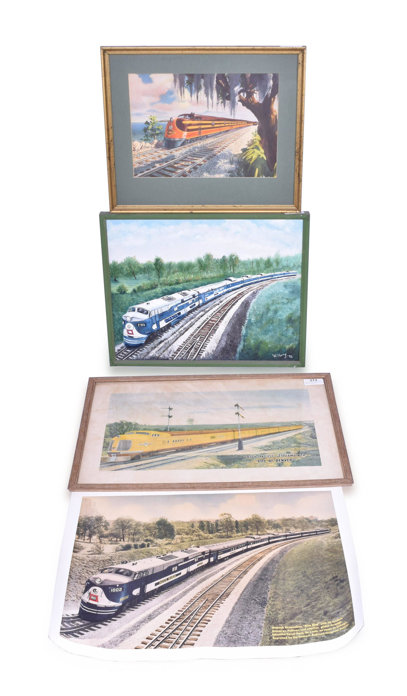 Four Railroad Streamlined Locomotive Prints and Painting - Union Pacific M-10000, Wabash Blue Bird, (1 of 2)