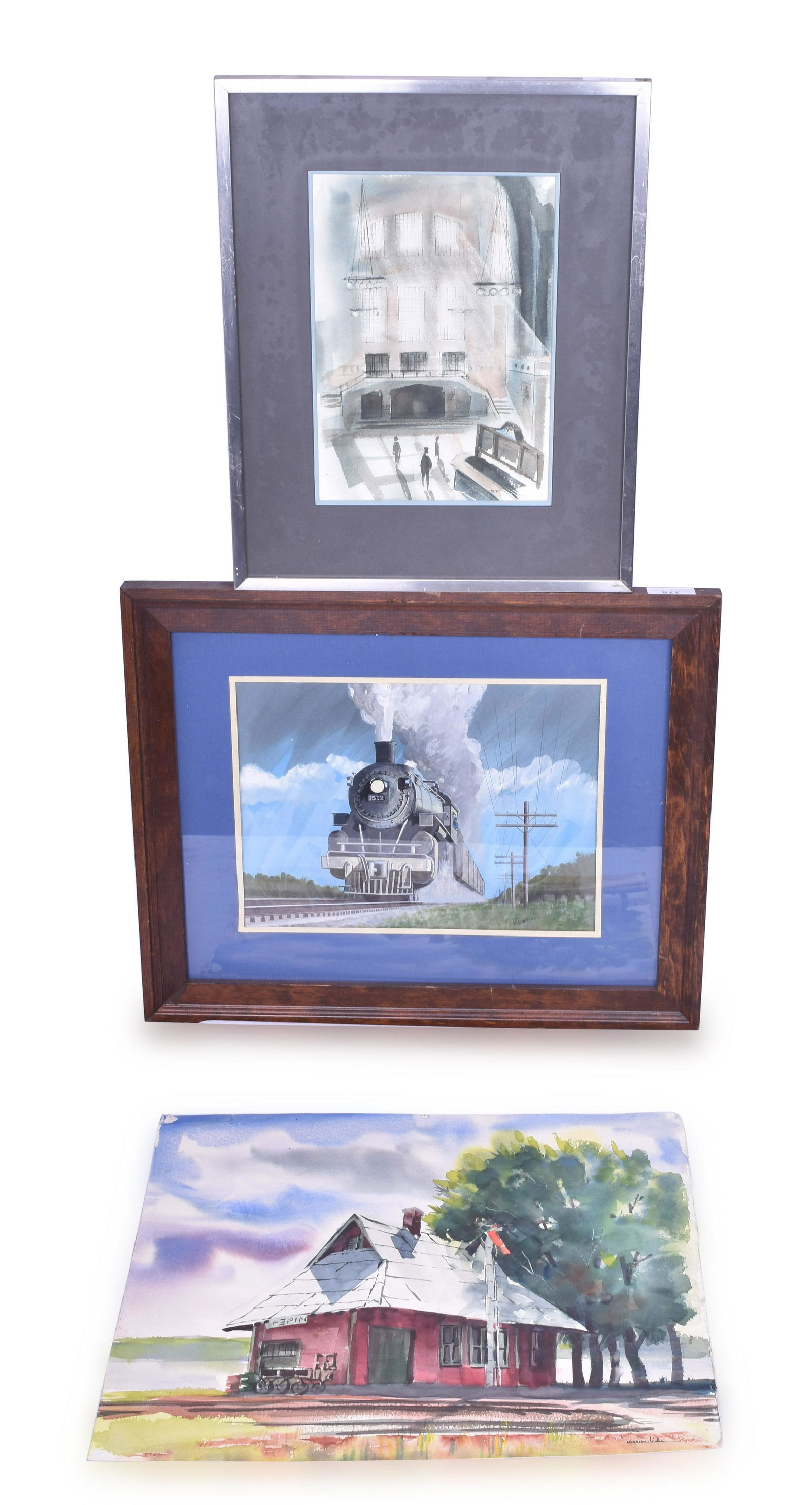 Three Original Railroad Paintings - Chicago Union Station, #1512 steam locomotive, and Pepin Depot (1 of 2)