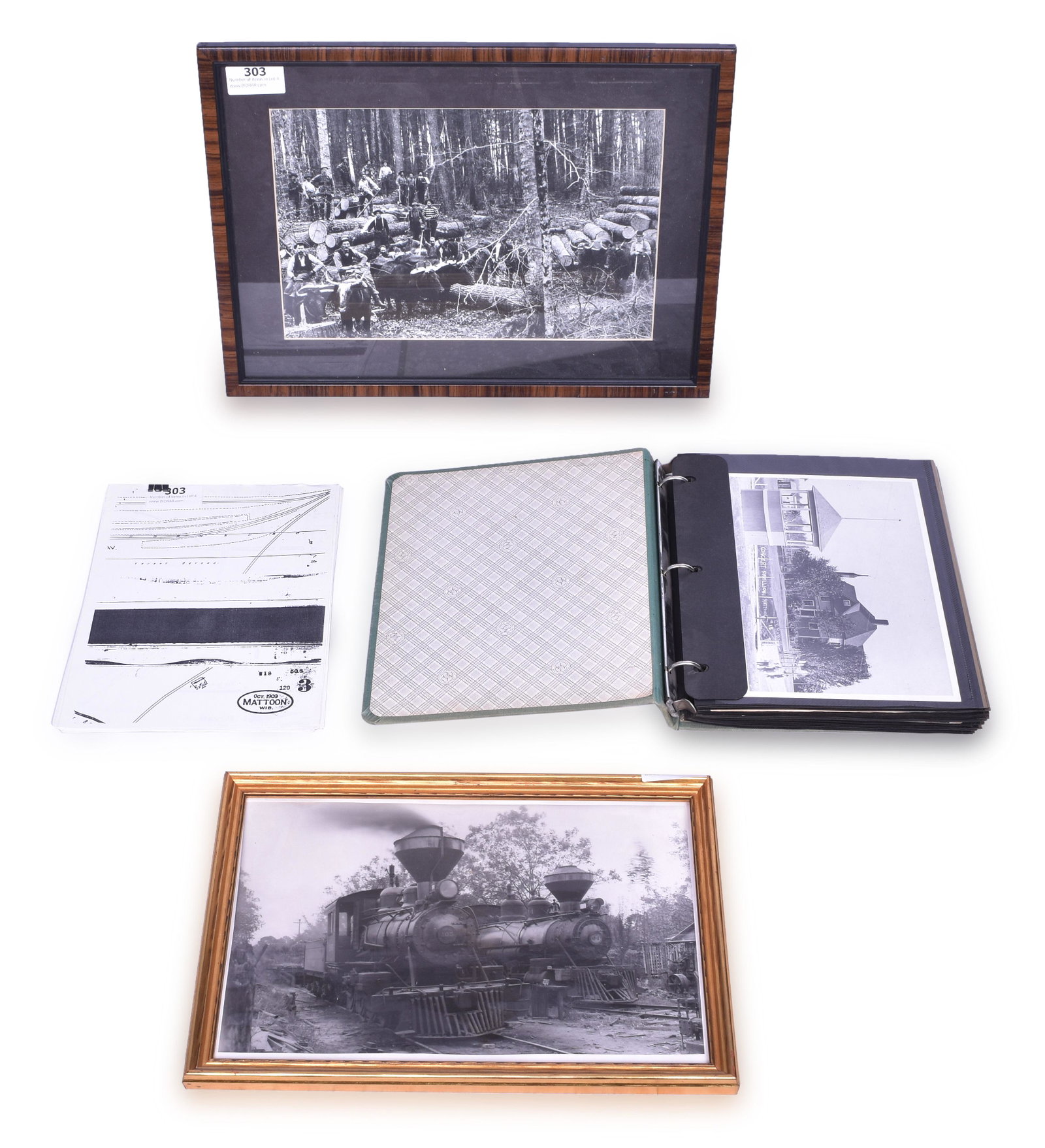 Mattoon Wisconsin Historical Photos and Other Logging Railroad Photos: Group includes album with 43 photos of railroads, buildings, and people around Mattoon Wisconsin. Most of these are historical photos dating to the late 1800's to mid 1900's. Also includes two other l