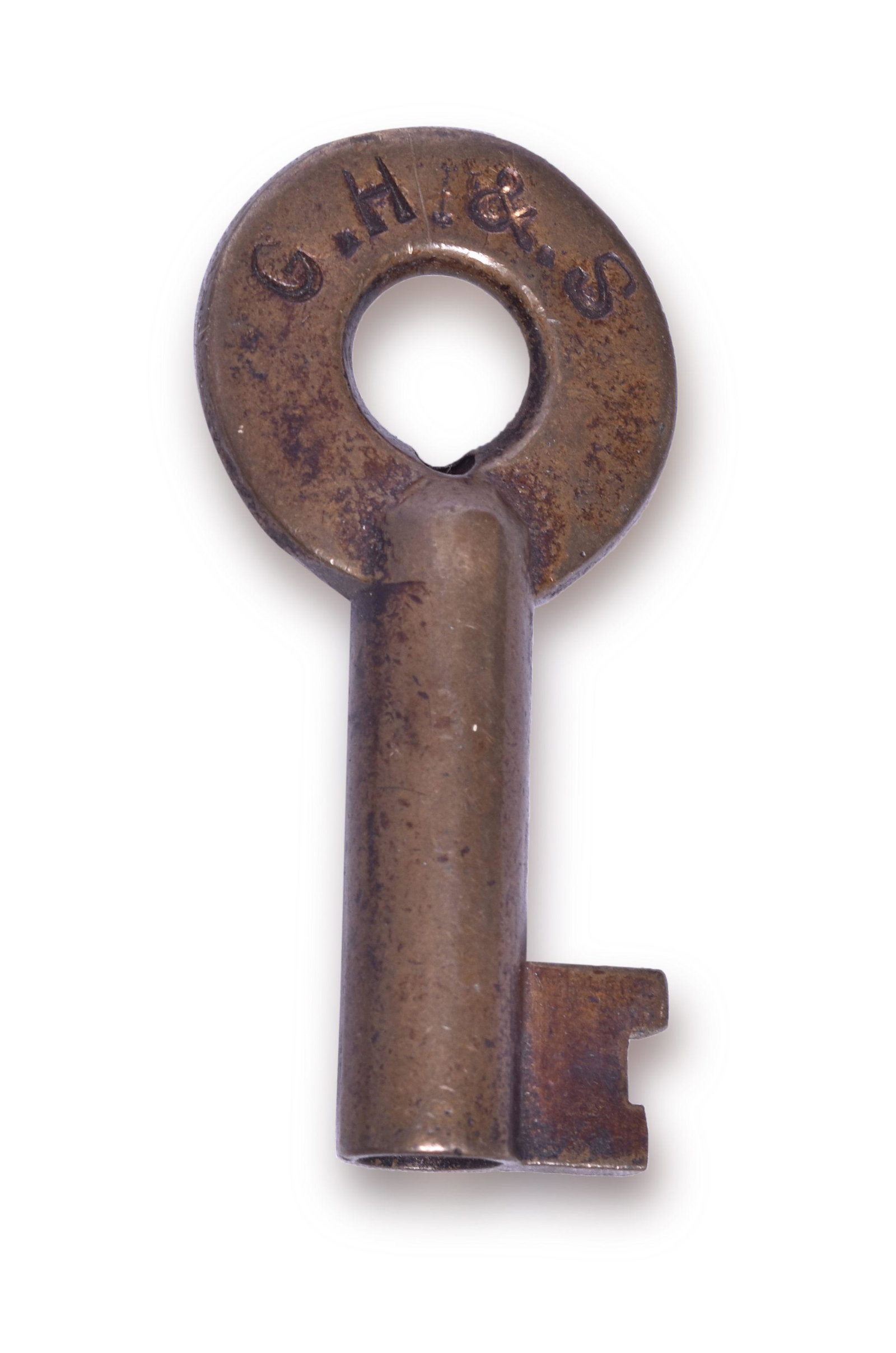 Galveston, Harrisburg & San Antonio Railway A&W Car Key: Car key for the Galveston, Harrisburg & San Antonio Railway. Front of the hilt stamped G.H. &.S. The reverse stamped with the A&W Chicago oval makers mark and C in serif font. Key exhibits pocket wear