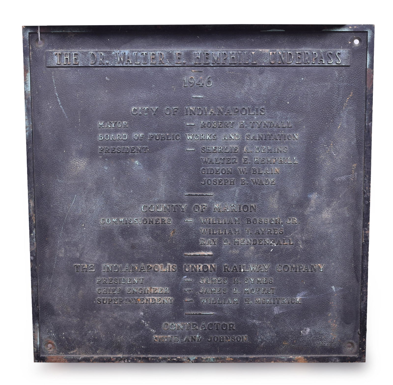 Indianapolis Union Railway Co. - Dr. Walter E. Hemphill Underpass 1946 Builders Plaque (1 of 2)