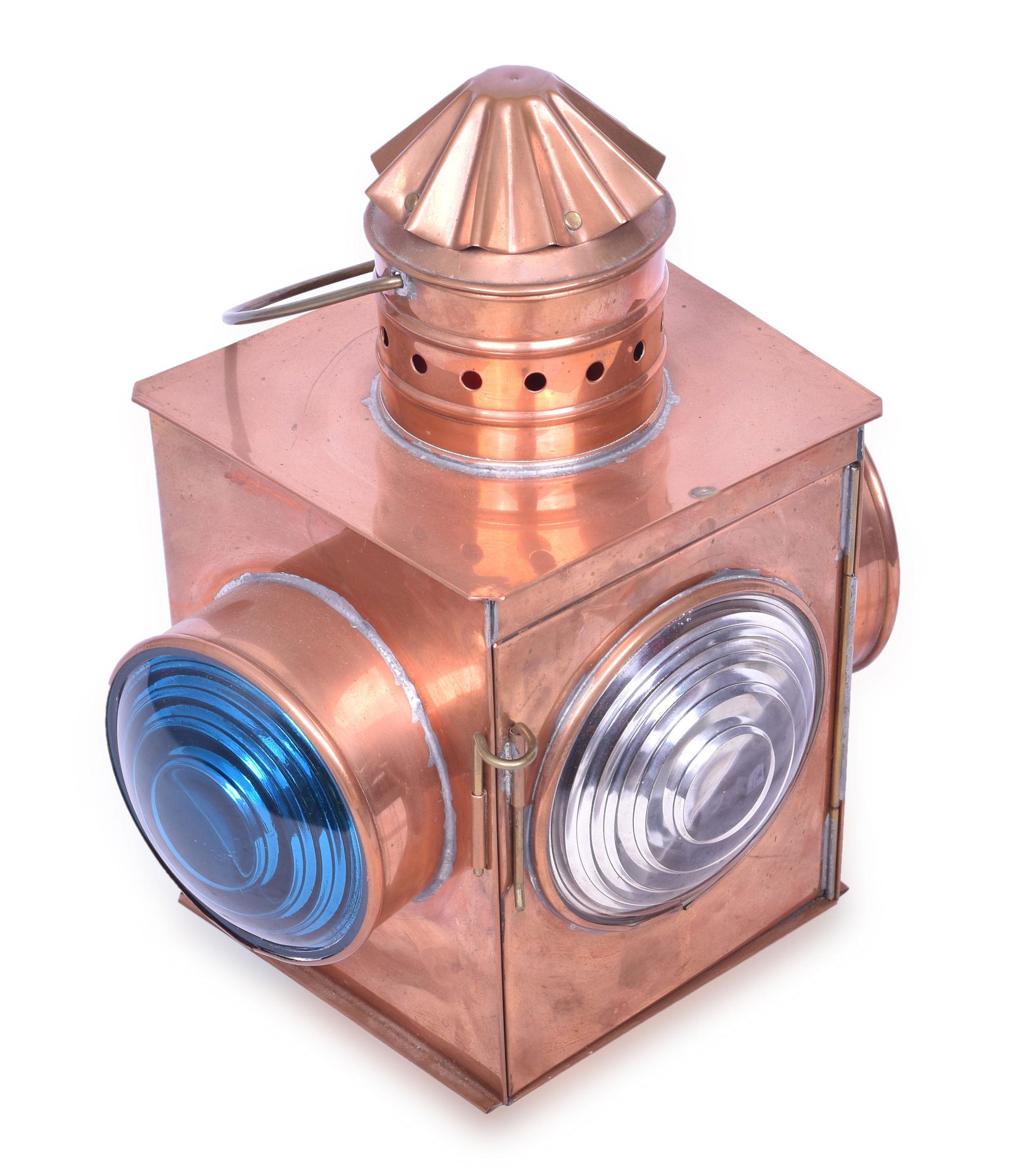 Sheet Brass Railroad Marker Lamp: Sheet brass three lens marker lamp in a style similar to Adams & Westlake. The lamp is equipped with one green, one red, and one clear lens. The lamp appears to be newer construction and is well built