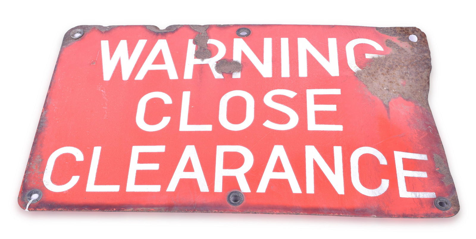 "Warning Close Clearance" Porcelain Sign: Sign measures 20" x 12" and has a moderate bend and porcelain loss at the right edge. See photos for best description.
