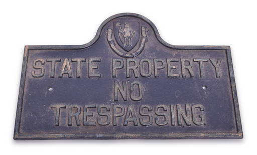 State Property No Trespassing - Cast Iron Plate: Cast iron plate measuring 14 1/4" x 9 3/4". Plate has been restored with black and gold paint.