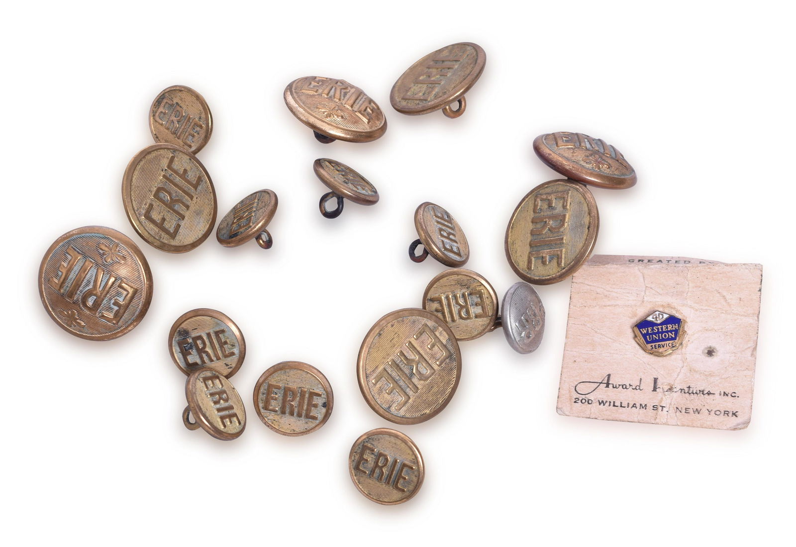 Erie Railroad Uniform Button Group and Western Union 40 Year Service Pin (1 of 1)