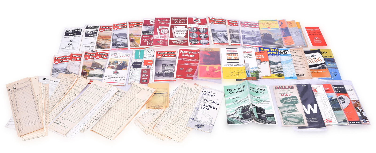 60+ Public Timetables and Other Railroad Paper - Pennsylvania, New York Central, Rock Island,: 20 Pennsylvania public tables, 20 miscellaneous tables including Rock Island, New York Central, Chesapeake and Ohio, Northern Pacific, Norfolk and Western, a stack of coach and Pullman diagrams from S
