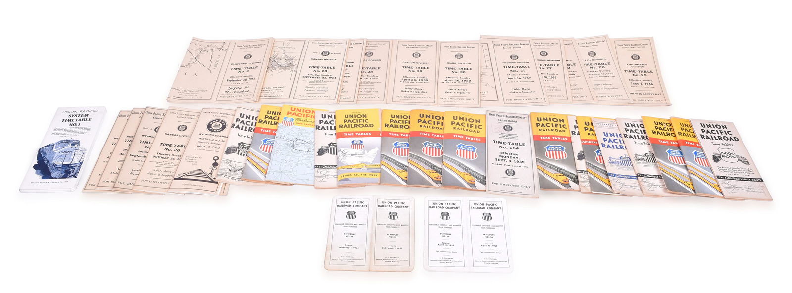 39 Union Pacific Railroad Employee, Public, and Livestock Timetables - 1940's through 1960's: Twenty one Union Pacific Employee Timetables, sixteen public timetables, and two Livestock schedules. The employee tables date from 1939 through 1978 with the majority being 1940's and 50's. The publi