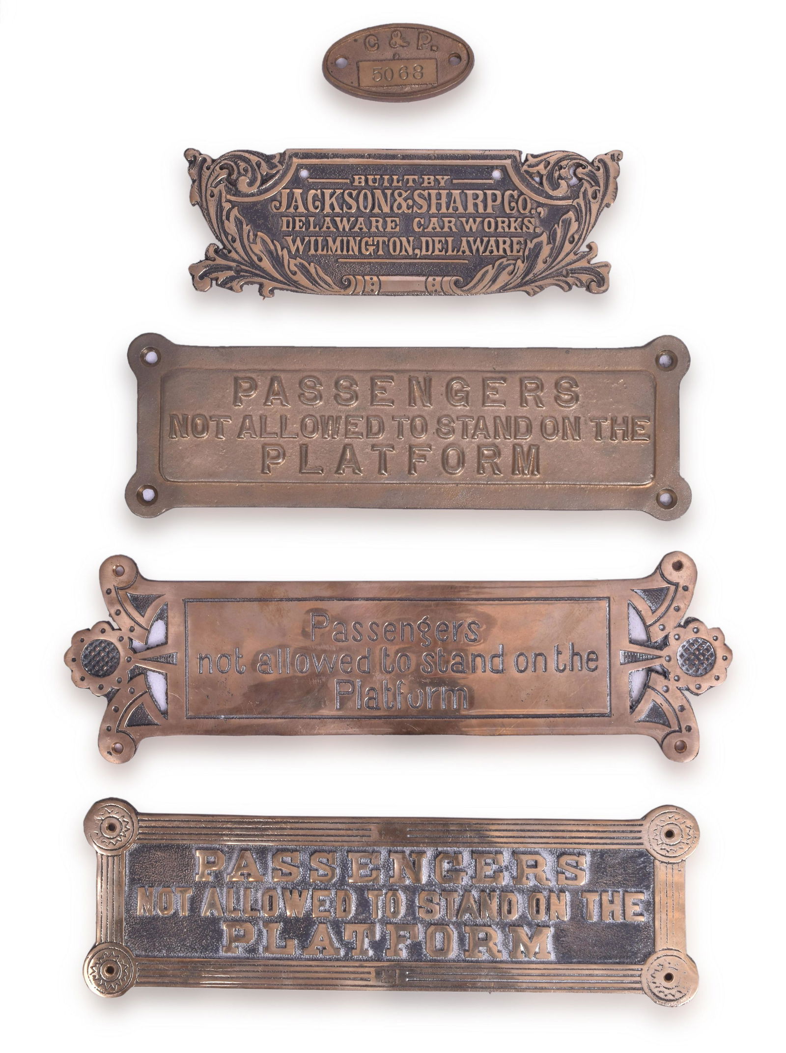 Five Recast Brass Railroad Plates - Passengers Not Allowed to Stand on the Platform, Jackson & (1 of 2)