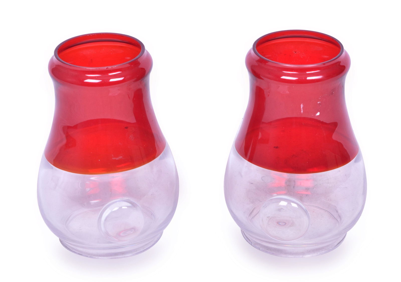 Two Red Over Clear Reproduction Bullseye Roll Top Lantern Globes (1 of 2)