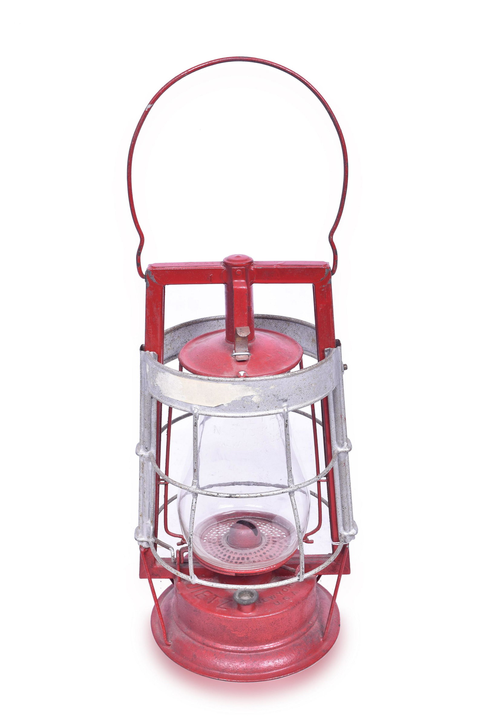 Dietz No. 1 Mill Lantern: Body has an older restoration with some paint wear and light areas of flash rust. No. 0 clear tubular globe installed and in good condition. Some tape residue on one side of the water shield. See phot
