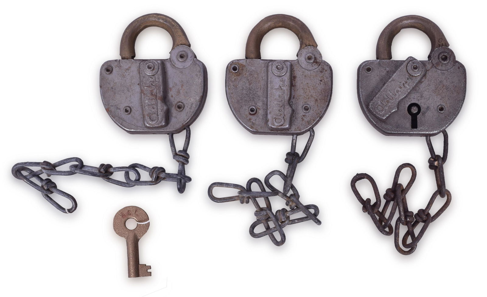 Three Adlake Atlantic Coast Line Railroad Locks: Three locks, one key. All with Adlake embossed key covers. ACL stamped on all three bodies. The key included is an Adlake key which is marked and opens the lock, but shows signs of being a newer / rep
