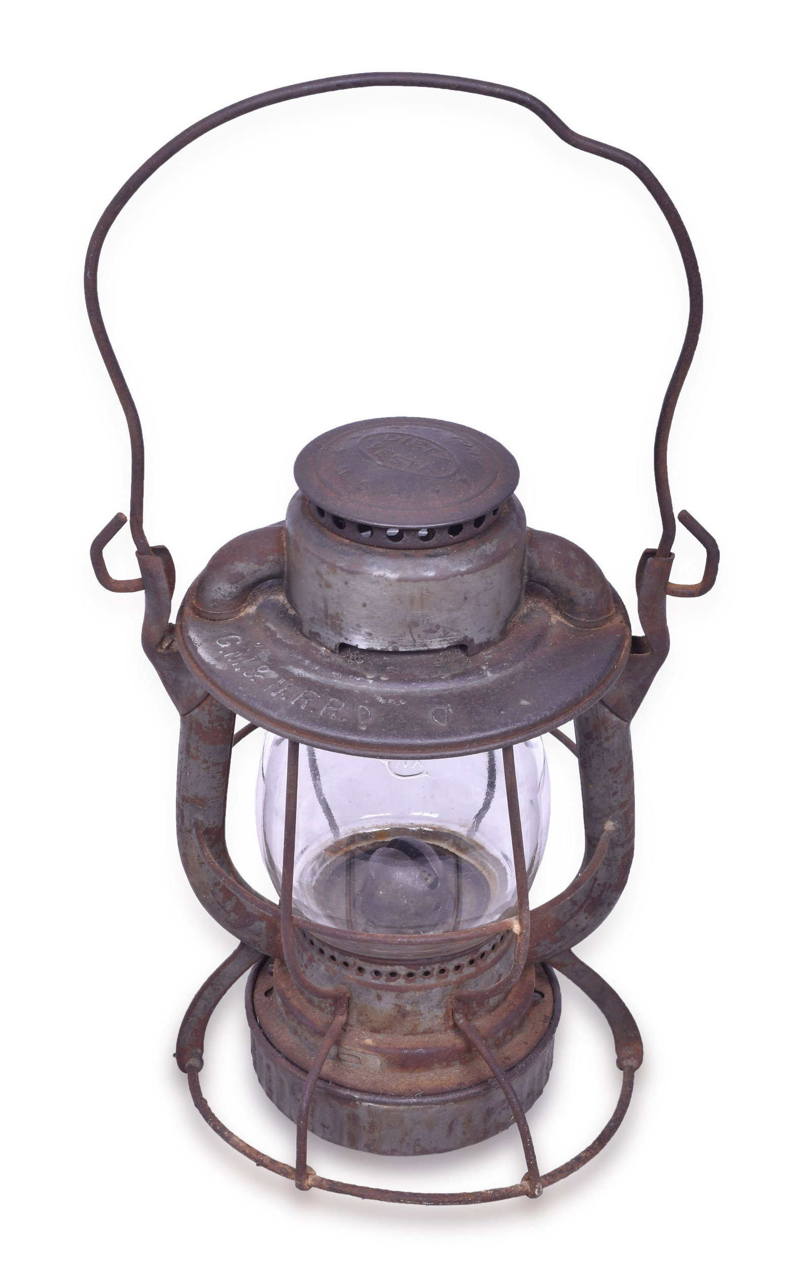 Dietz Vesta Gulf Mobile and Northern Railroad Lantern: Dietz Vesta embossed with G.M.& N. R.R. on the shoulder. The body is unrestored with mild surface rust and wear. No major condition issues. Equipped with CNX cast clear globe in good condition with no