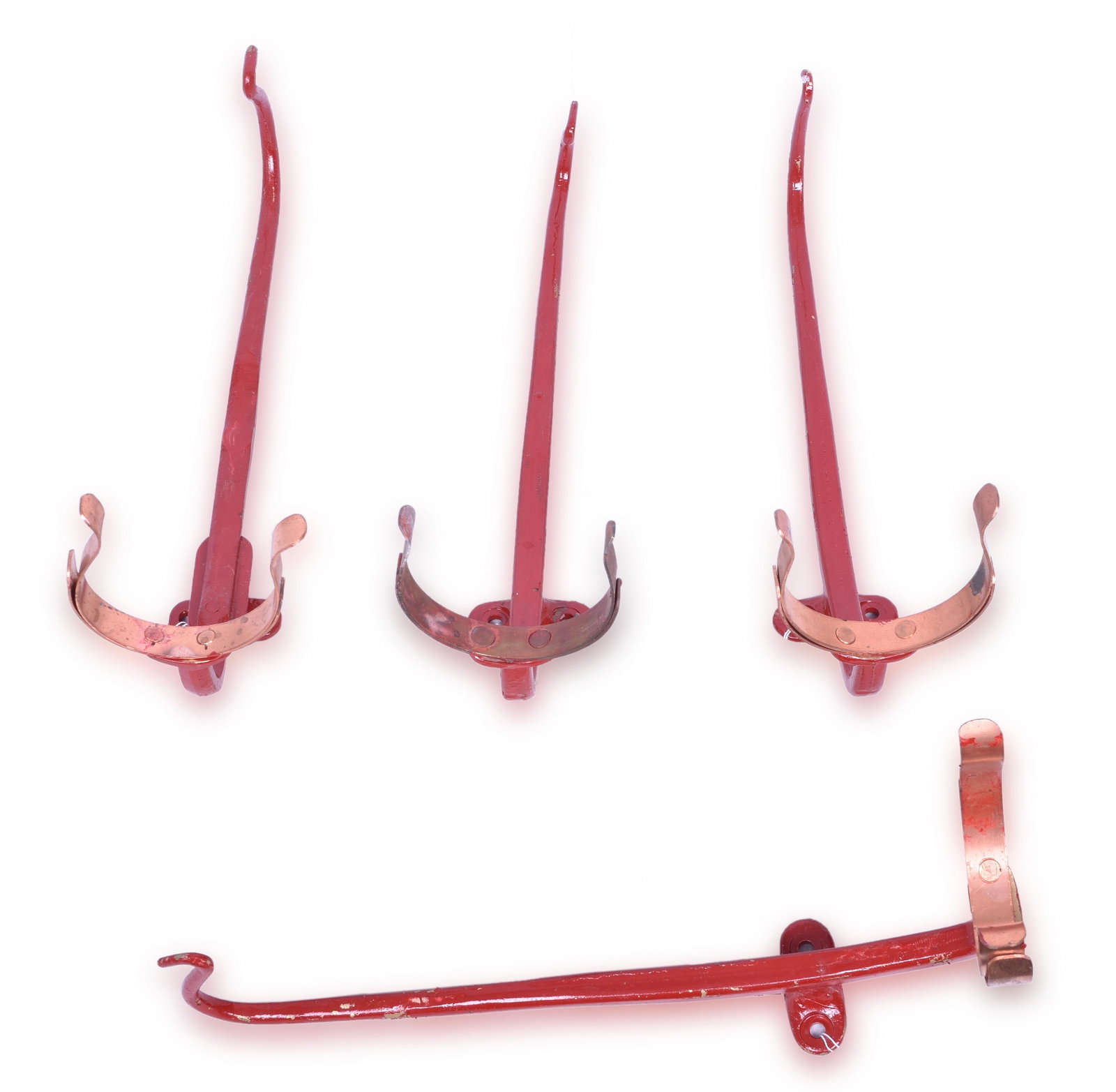Group of Four Reproduction Fire Lantern Brackets: Four reproduction fire lantern brackets in red paint with copper holding strips. Brackets measure 16" tall, some paint wear from storage.