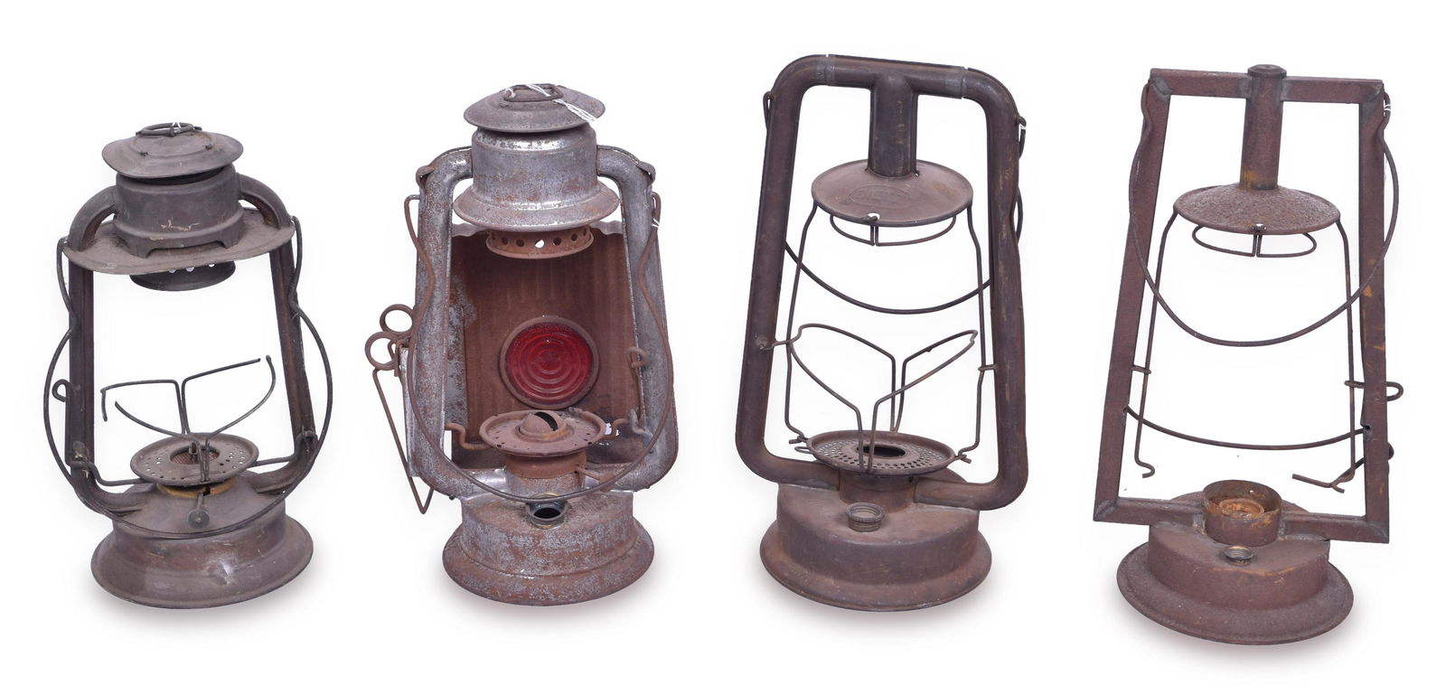 4 Lanterns For Restoration - Dietz Hy-Lo, No. 0 Victor, C.T. Ham Gem Cold Blast, and Rayo No. 130: Group of four lanterns for parts or restoration including Dietz Hy-Lo w/ 1907 patent date, rusted No. 0 Victor, C.T. Ham Gem Cold Blast, and Rayo No. 130 lamp. Group sold as is shown in the photos.