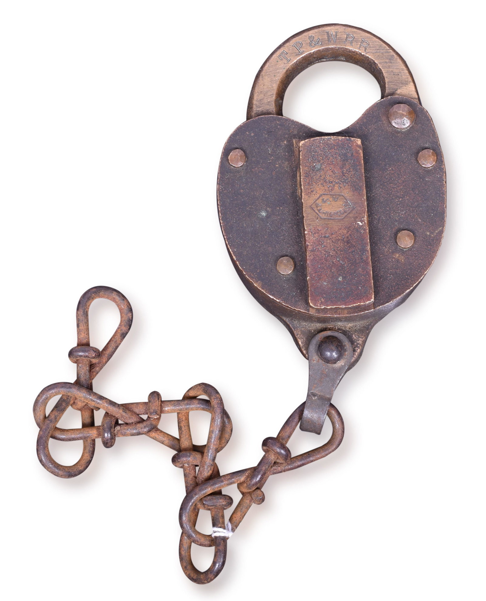 Toldeo, Peoria & Western Railroad A&W Brass Heart Shaped Lock: Lock shackle is stamped TP&W RR in serif font. The reverse of the shackle is stamped with a serif C. A&W hallmark stamped on the key cover. Some original chain links attached. Body shows light wear.