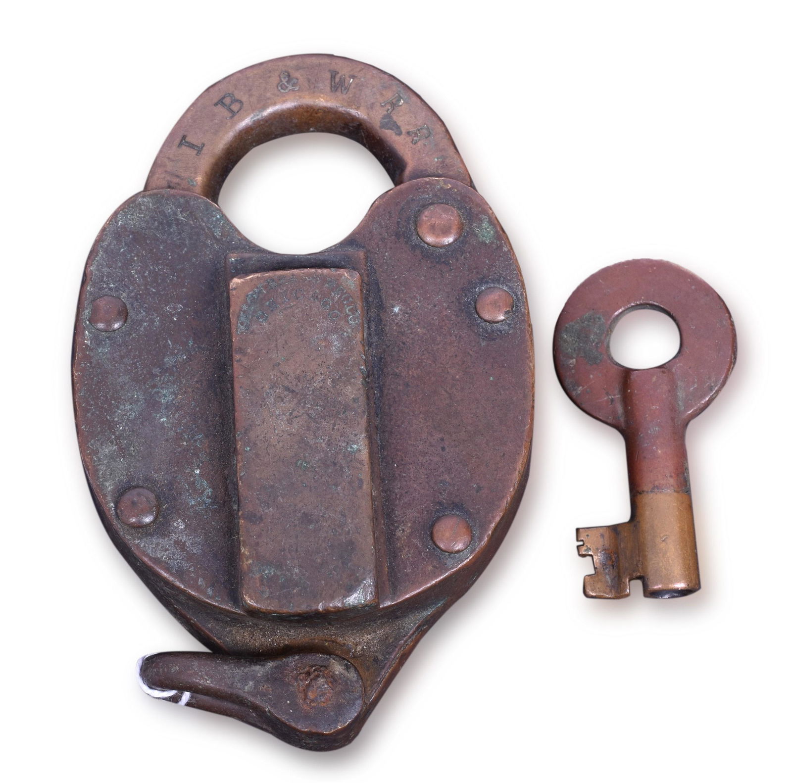 Indianapolis, Bloomington & Western Railroad Union Brass Heart Shaped Lock w/ Key (1 of 3)