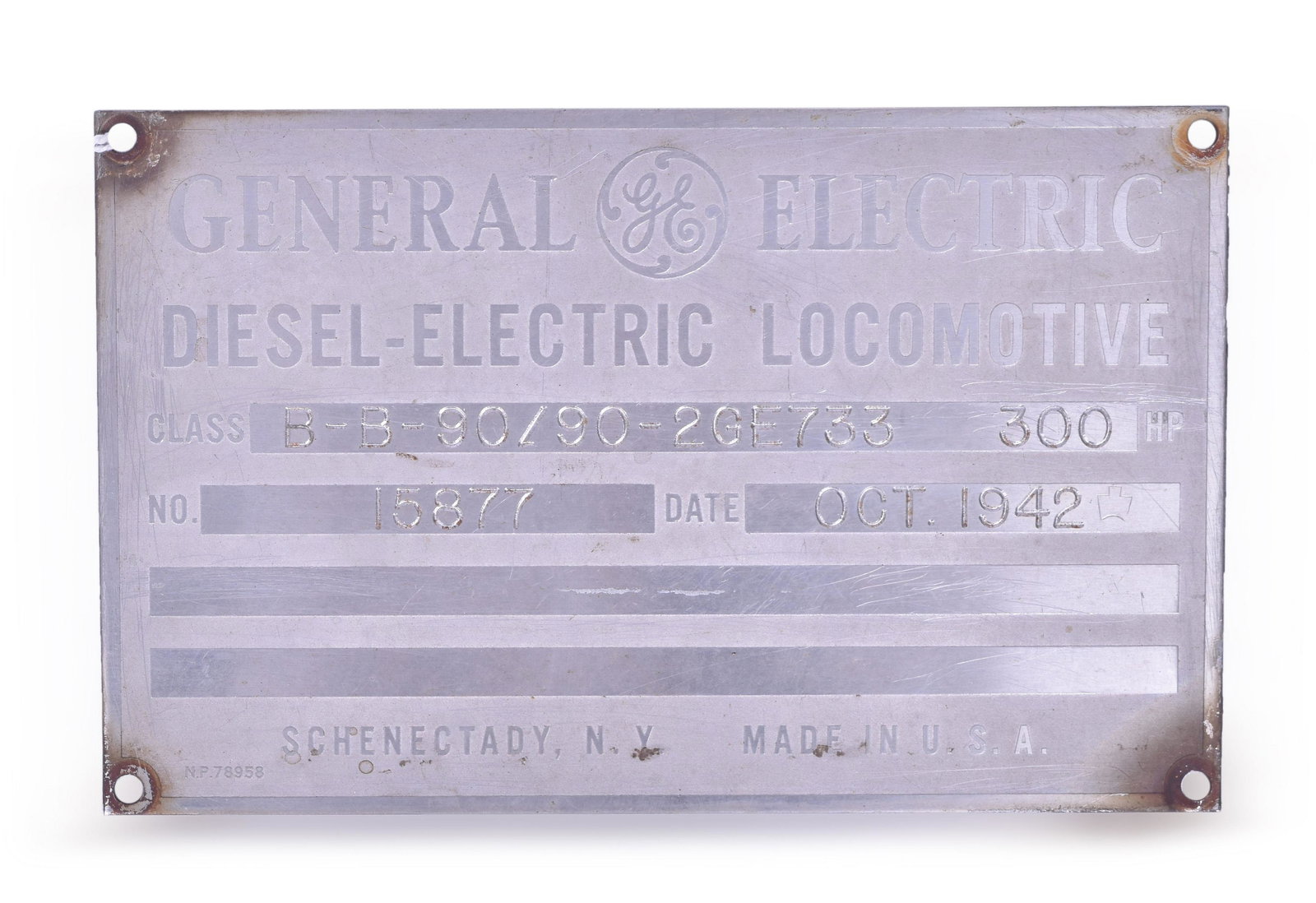 General Electric 45 /50 Ton Diesel Switcher Builders Plate #15877 - Oct. 1942 (1 of 2)