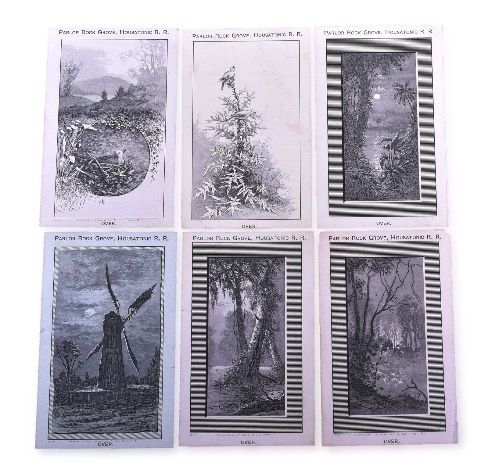 Six Housatonic Railroad Lithographed Cards Parlor Rock Grove - 1881: Group of six Housatonic Railroad lithographed cards each depicting a unique scene at the Parlor Rock Grove and Picnic Ground. The cards are all dated April 1881. Cards are series numbers E-2, E-6,E-9,