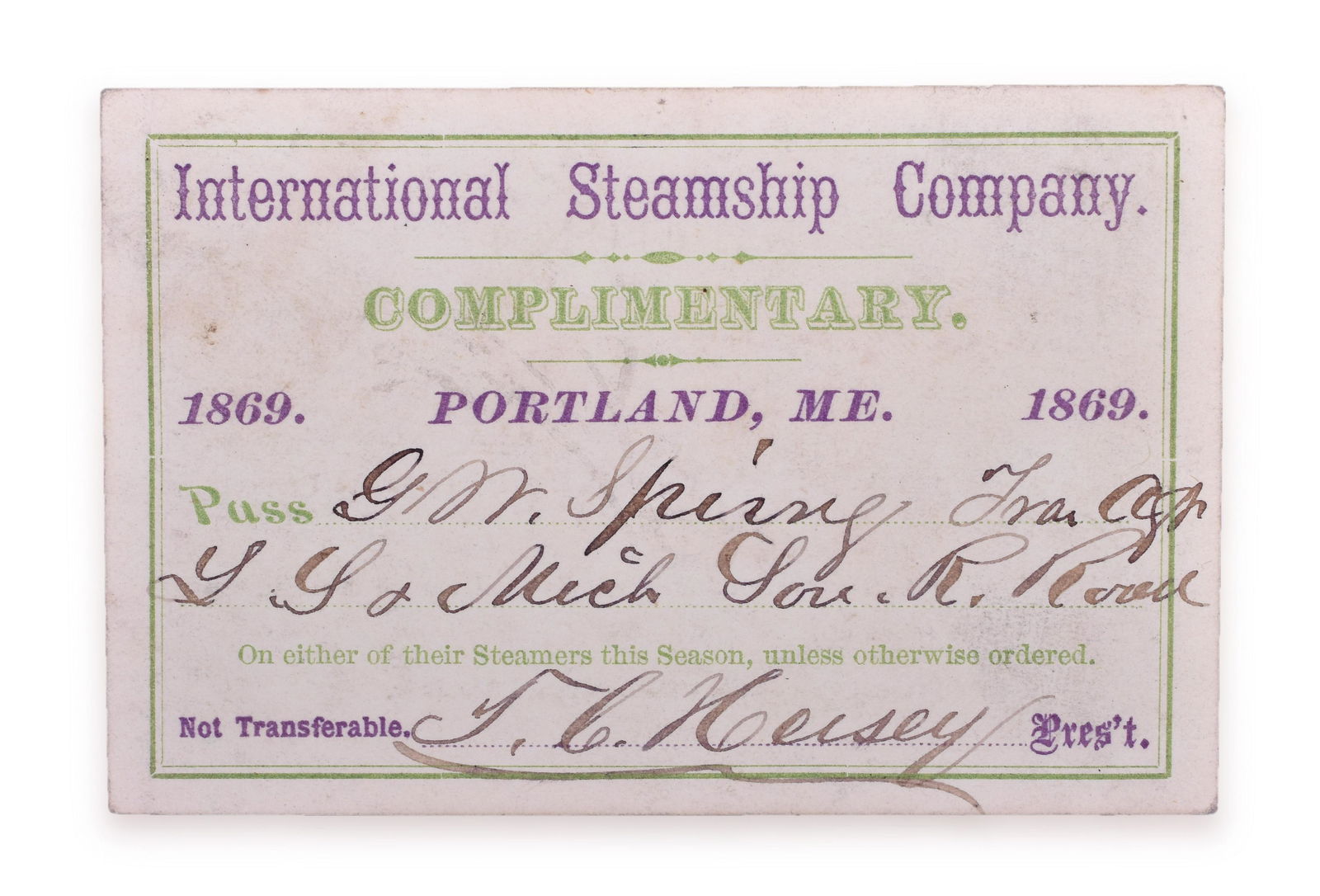 1869 International Steamship Company Annual Pass Issued to Lake Shore and Michigan Southern Railroad (1 of 2)