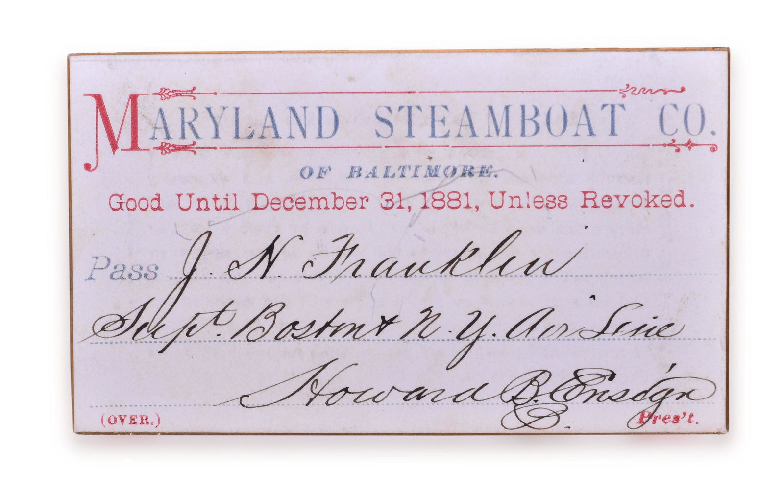 1881 Maryland Steamboat Company Issued to Boston and New York Air Line Railroad (1 of 2)