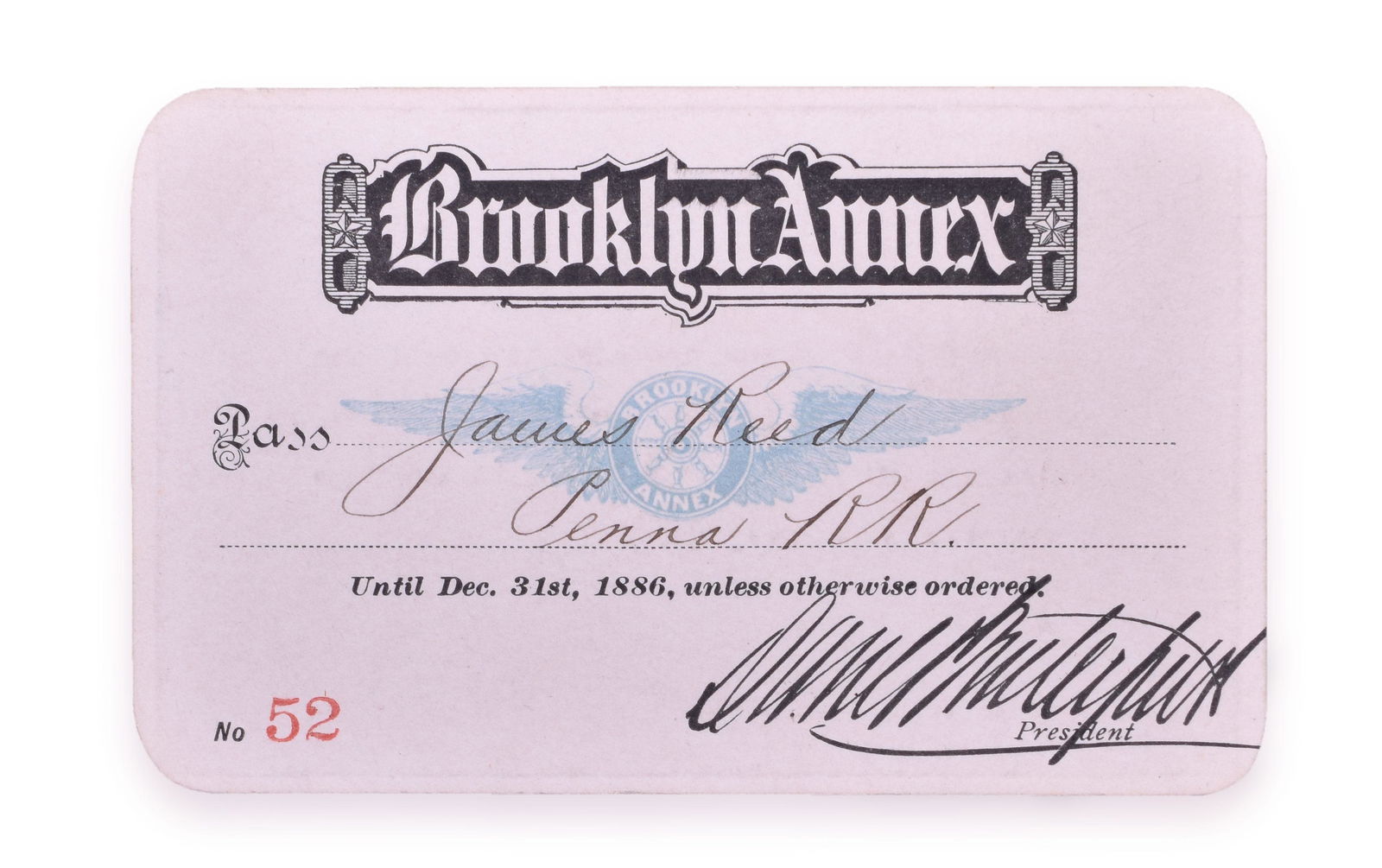 1886 Brooklyn Annex Ferry Annual Pass Issued to Pennsylvania Railroad (1 of 2)