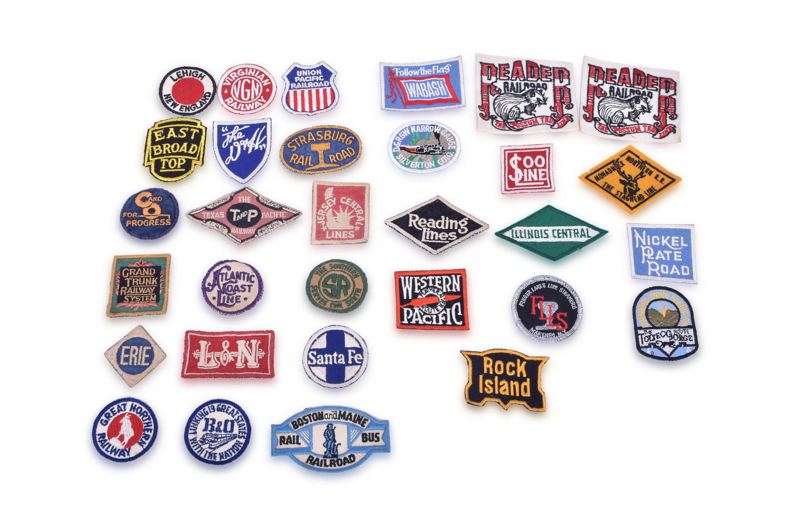Thirty Cloth Railroad Patches - East Broad Top, Strasburg, Wabash, Atlantic Coast Line, Jersey (1 of 1)