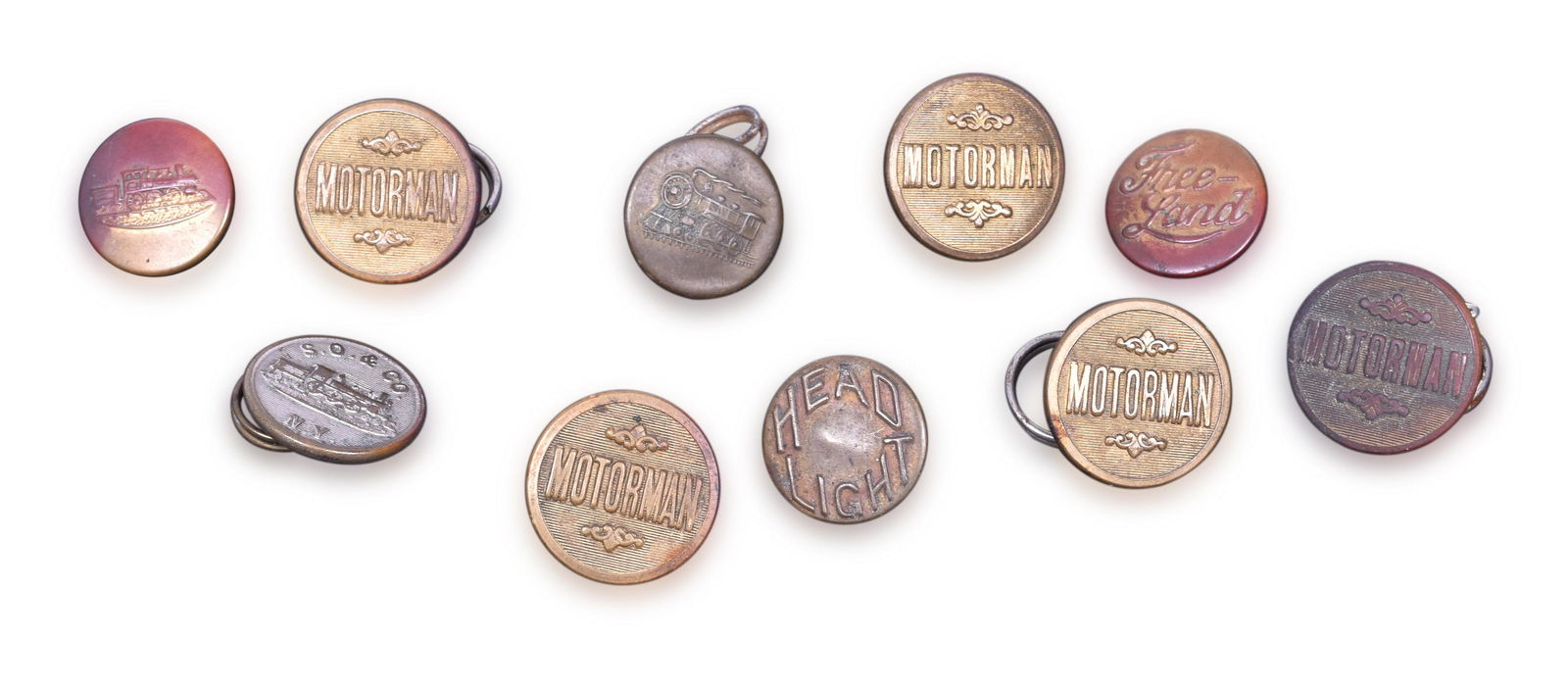 Railroad Motorman, S.O. & Co. Free-Land, and Head Light Uniform Button Lot (1 of 2)