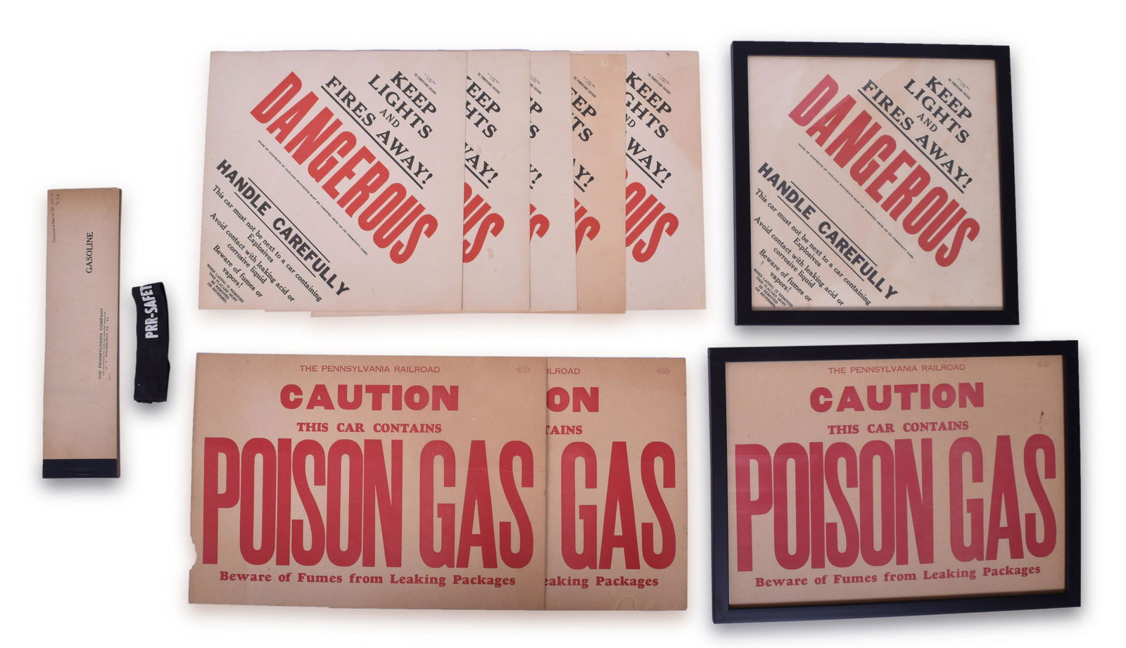 Group of Pennsylvania Railroad Tank Car Danger Placards, Gasoline Ration Check Book, and Safety Leg (1 of 2)