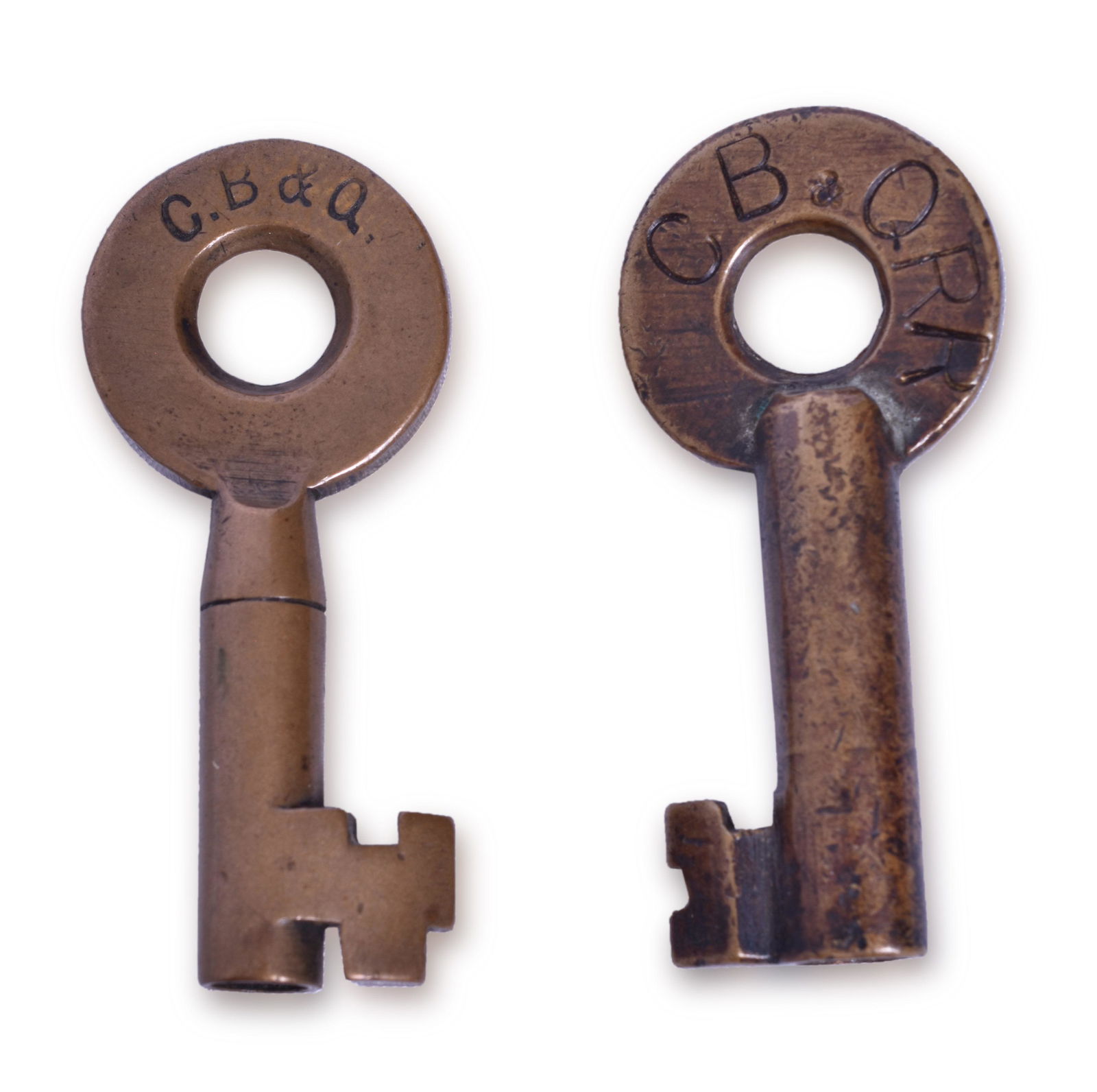 Pair of Burlington / CB&Q Railroad Brass Keys - One Tapered Barrel (1 of 3)