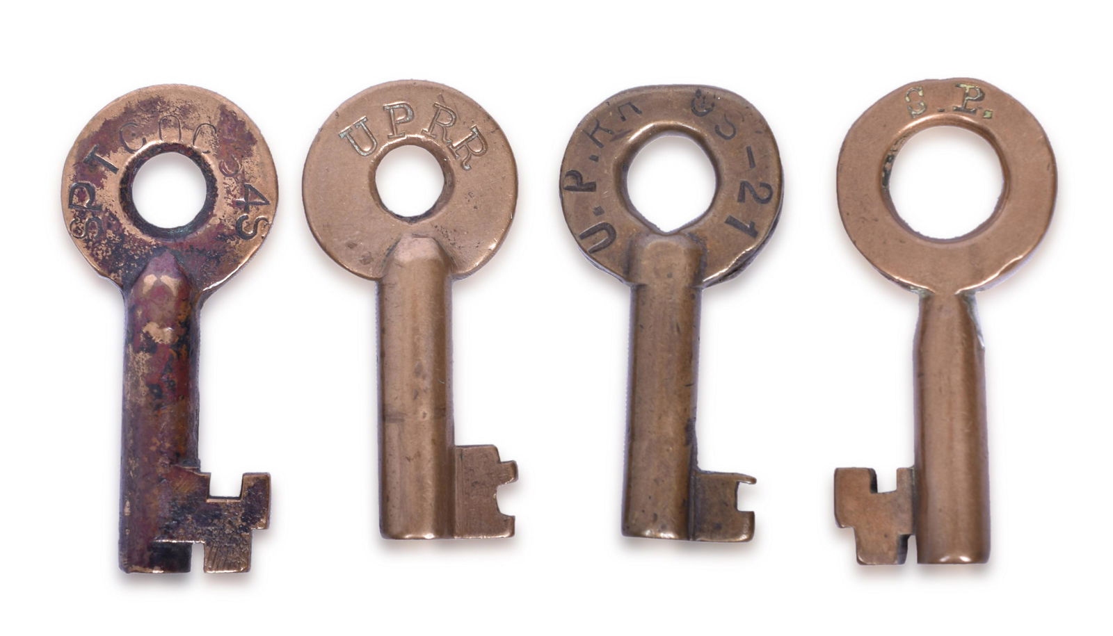 Four Union Pacific and Southern Pacific Brass Railroad Keys (1 of 4)
